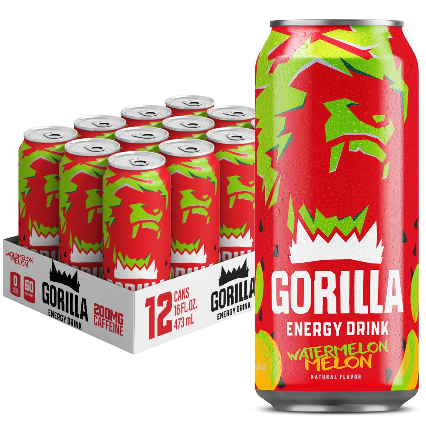 Gorilla Energy Drink, Watermelon, 200mg Natural Caffeine, Real Fruit Juice, 12 Pack