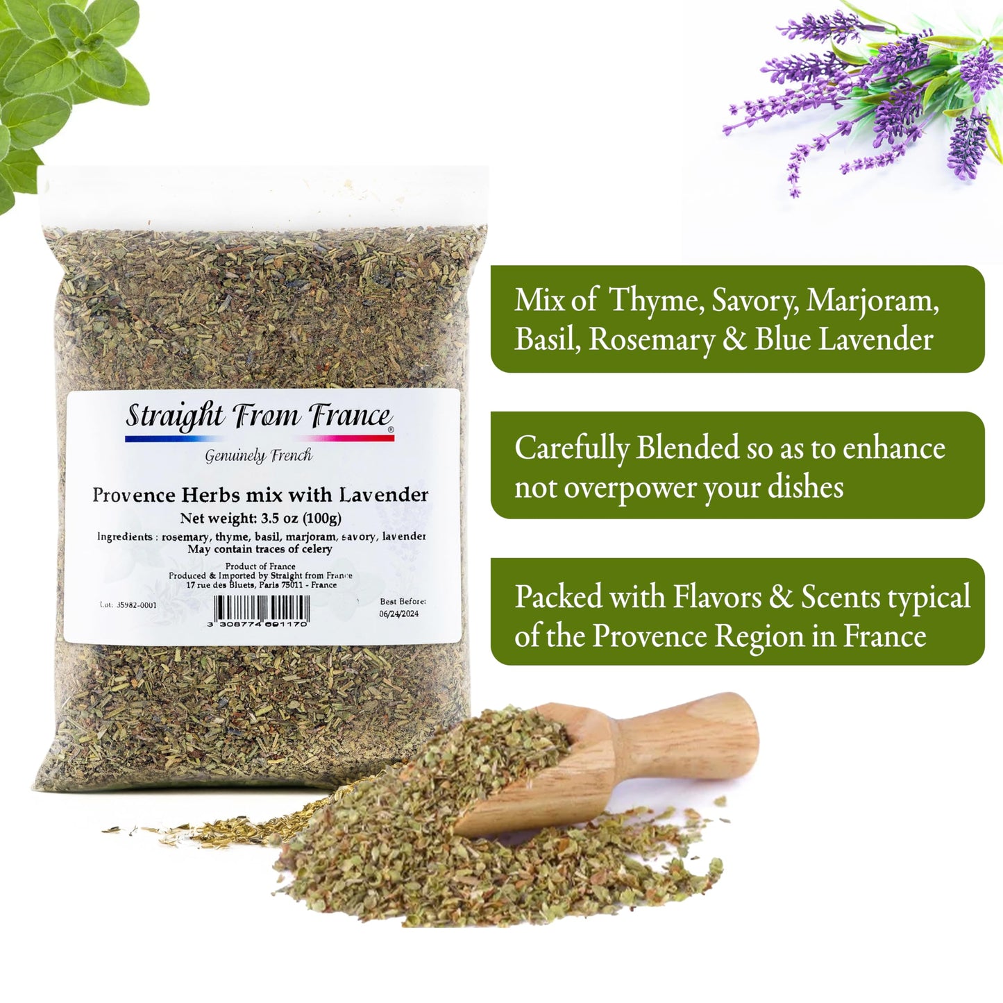 Straight From France Genuinely French, Provence Herbs Mix Seasoning With Lavender 3.5oz
