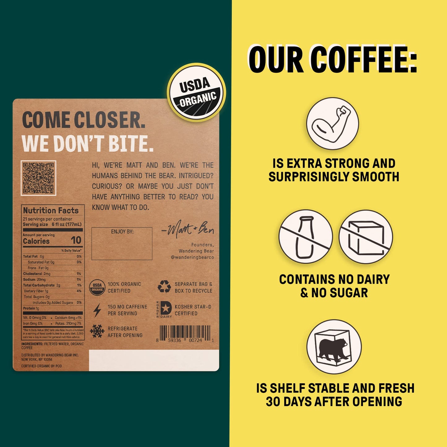Wandering Bear Straight Black Organic Cold Brew Coffee On Tap, Iced Coffee, 128 Fl Oz (1 Gallon) - Extra Strong, Smooth, Unsweet