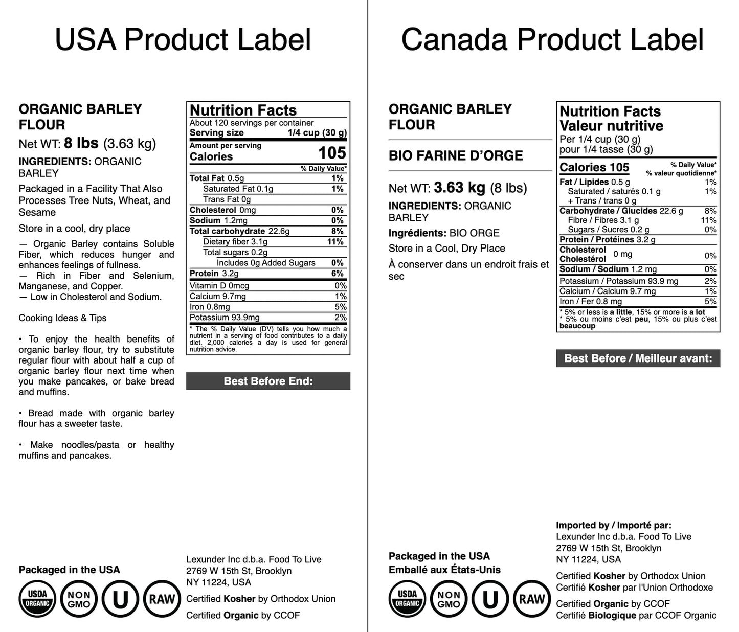 Food to Live Organic Barley Flour, 8 Pounds - Non-GMO, Stone Ground from Whole Hulled Barley, Fine, Kosher, Vegan, Bulk. Rich in