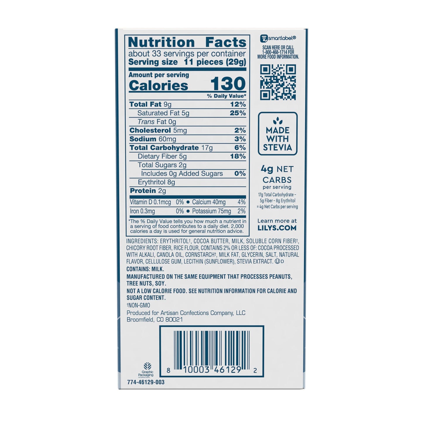 Lilys Cookies & Crème White Chocolate Bar, Stevia Sweetened, Low-Carb, Gluten-Free, 2.8 Ounce, 4 Pack