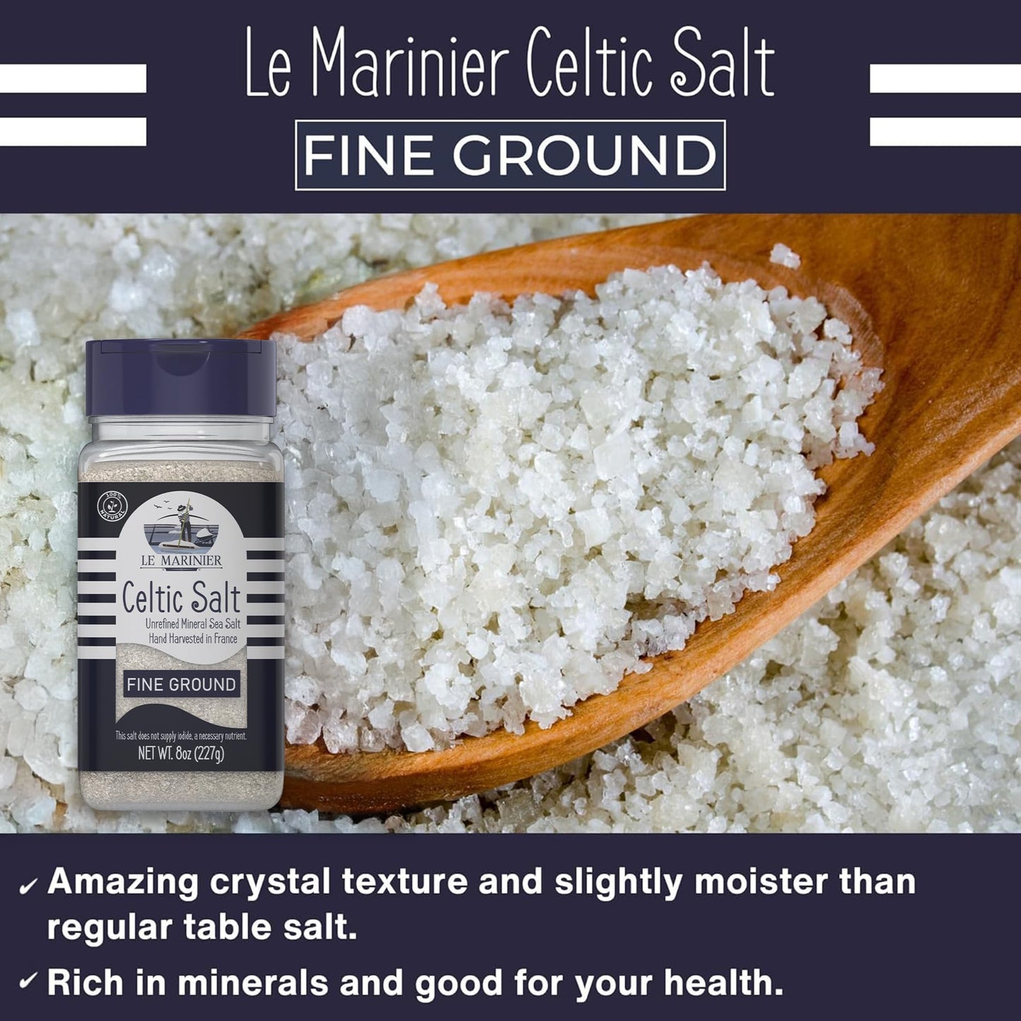 Le Marinier Celtic Salt Organic Fine Ground, 8oz. Mineral Rich 100% Natural and Unrefined. Refillable Salt Shaker. French Sea Sa