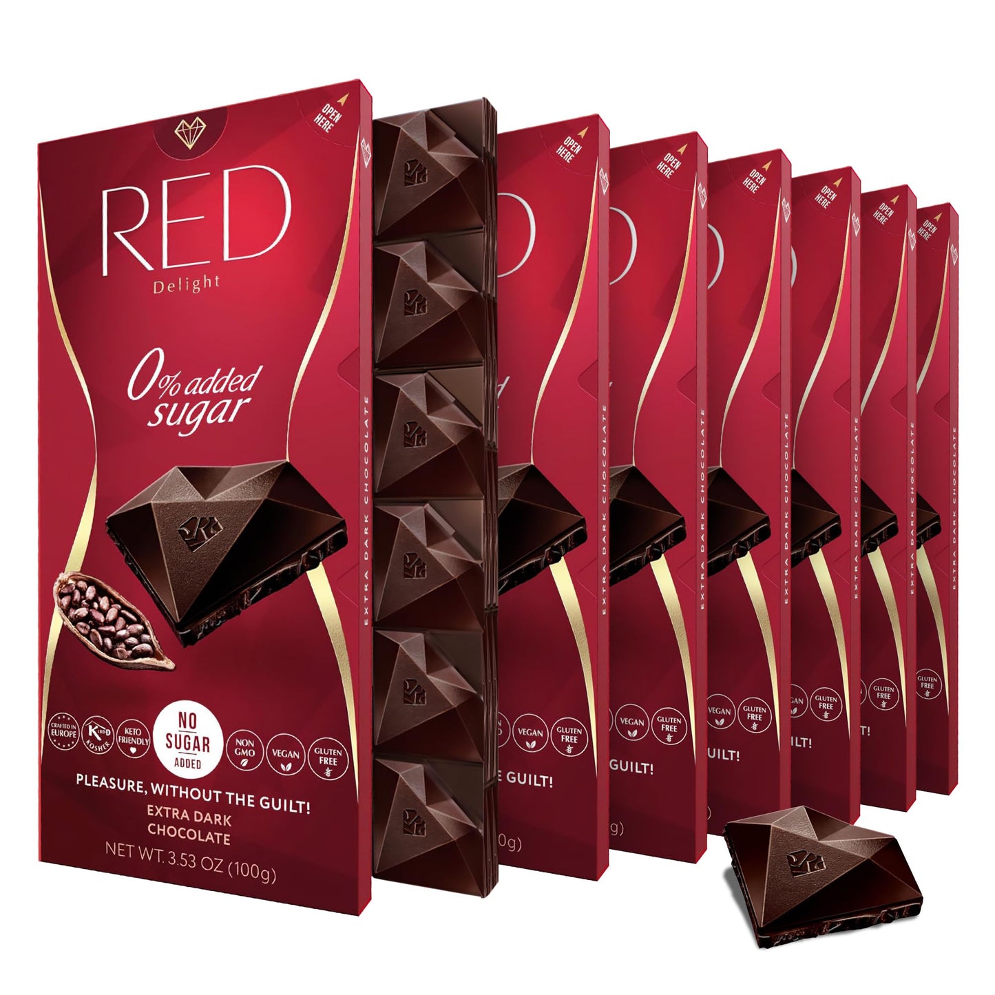 Red Delight Extra Dark Chocolate Bars - Keto-Friendly Vegan Snack - 3.53 oz, Pack of 8 - Gluten-Free, No Added Sugar