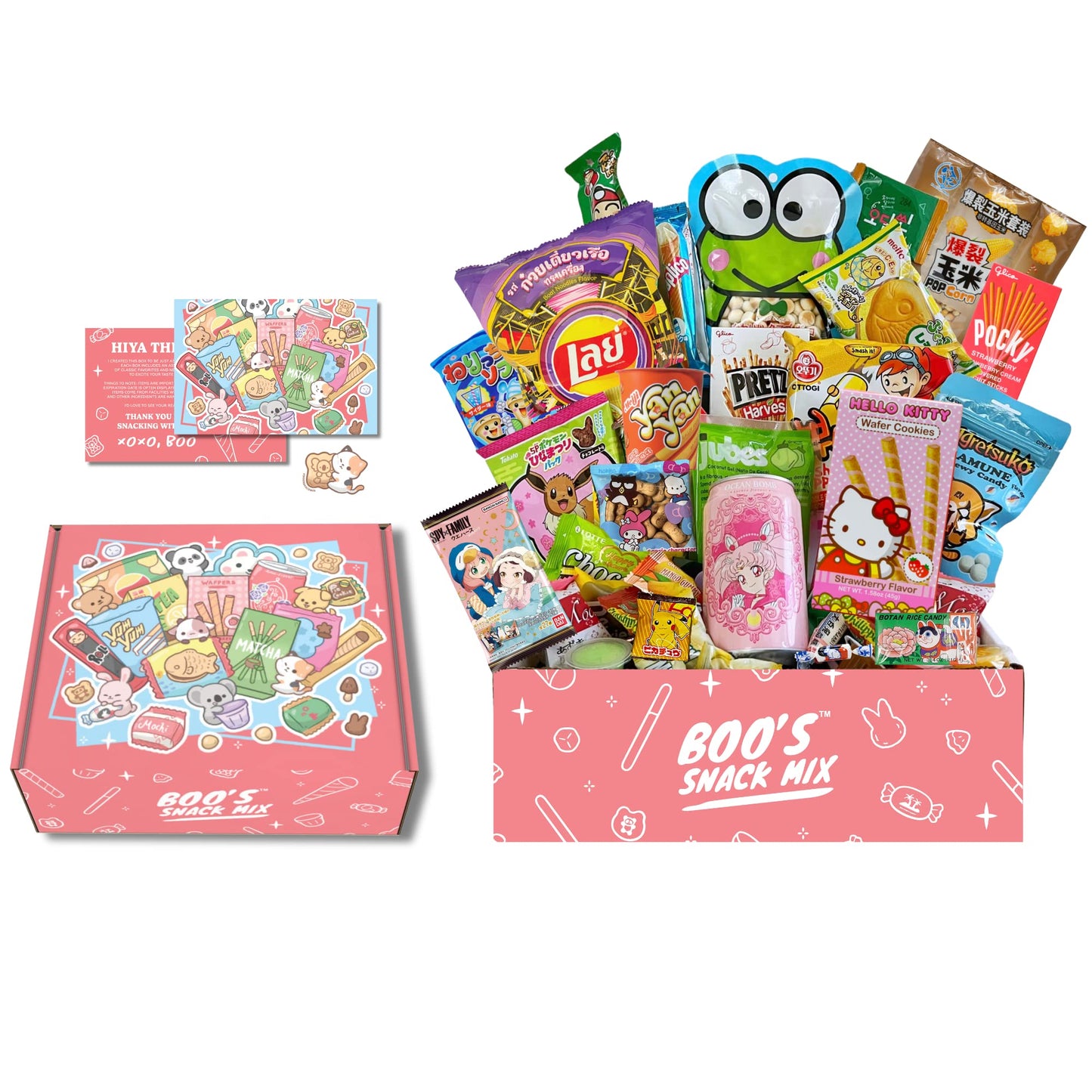 Boos Mystery Snack Box 40 Pieces, 14 Full-Size Snacks. Including Mochi , Mini Ice Cream Cone, Asian Noodles, Soda, Variety Of Sa