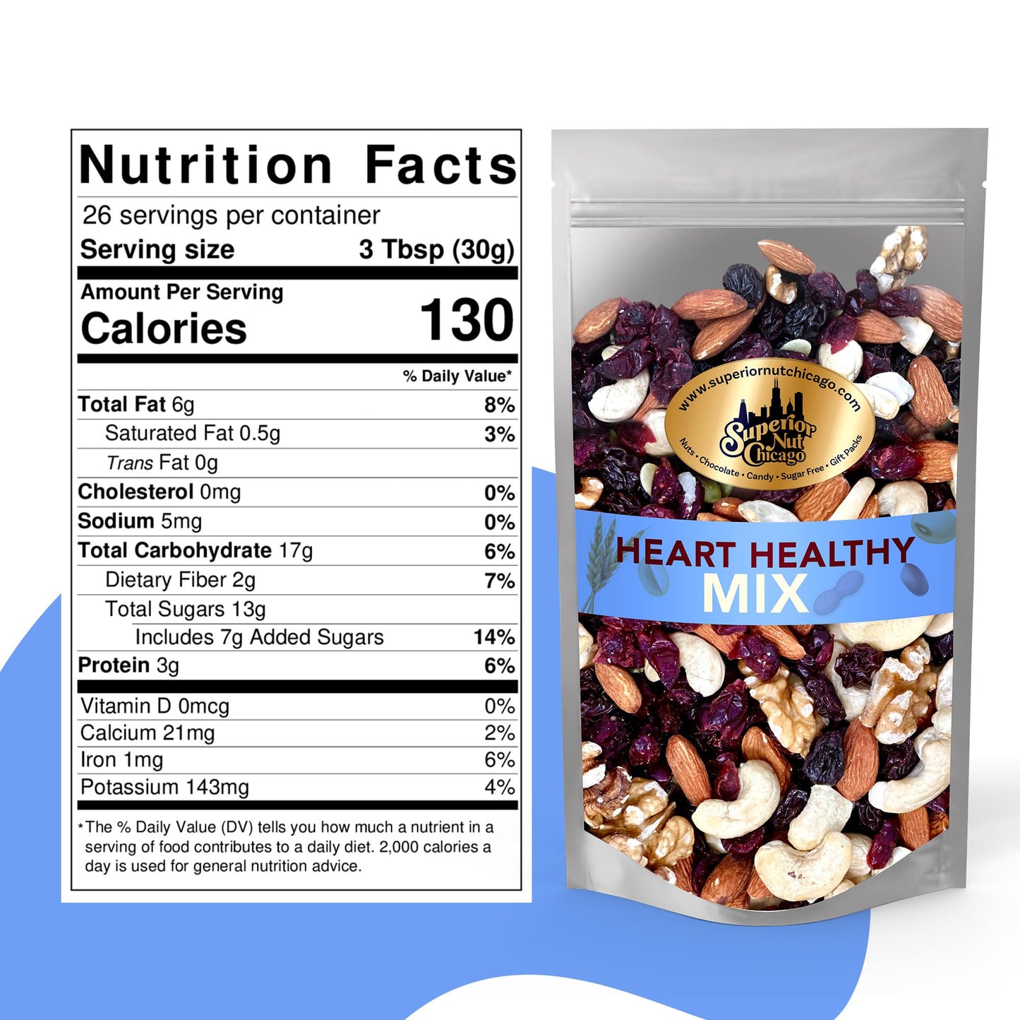 Superior Nut Chicago Heart Healthy Mix - Trail Mix Nuts - Nut Mix w/ Cashews, Almonds, Walnuts, Dried Cranberries & Raisins - Ri