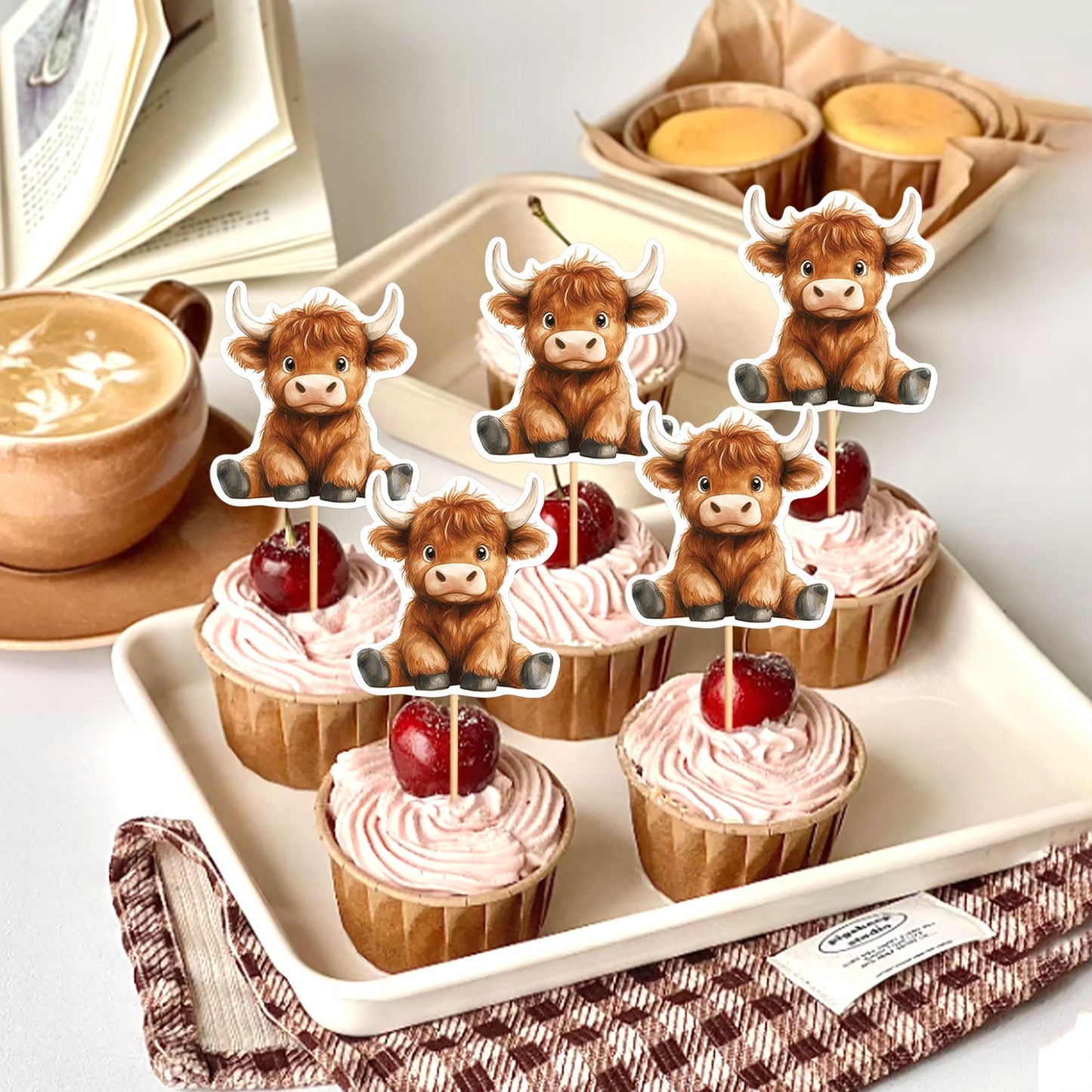 Cyodoos 24Pcs Highland Cow Cupcake Toppers Farm Animals Cupcake Picks Highland Cow Theme Baby Shower Kids Birthday Party Cake De