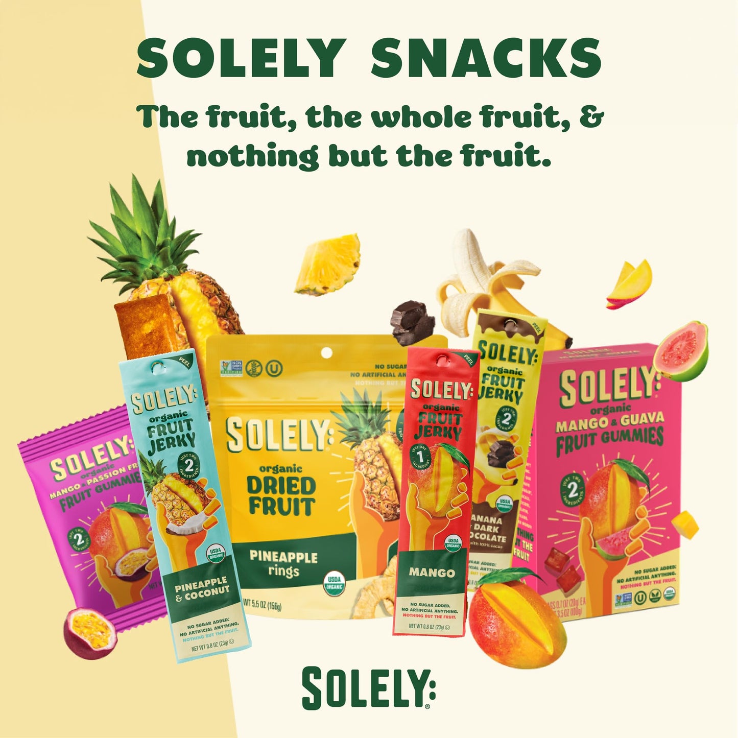 SOLELY - Organic Mango & Strawberry Whole Fruit Gummies (Pack of 6 Boxes, 5 Bags per Box) - Real Fresh Fruit - Healthy Snacks fo
