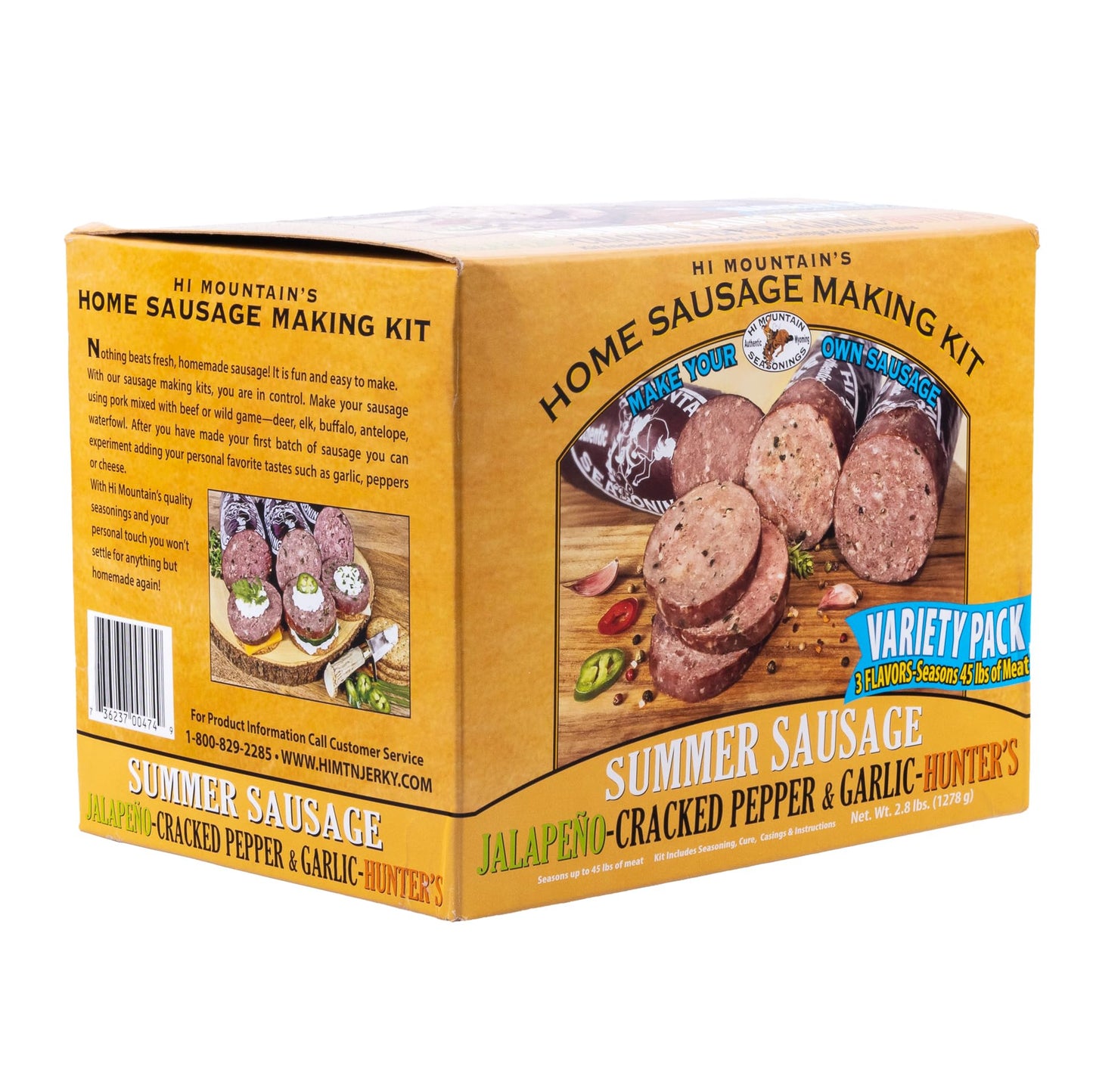 Hi Mountain | Summer Sausage Seasoning Kit | VARIETY PACK: JALAPENO, CRACKED PEPPER & GARLIC & HUNTER'S BLEND | Includes 15 Casi