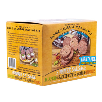 Hi Mountain | Summer Sausage Seasoning Kit | VARIETY PACK: JALAPENO, CRACKED PEPPER & GARLIC & HUNTER'S BLEND | Includes 15 Casi