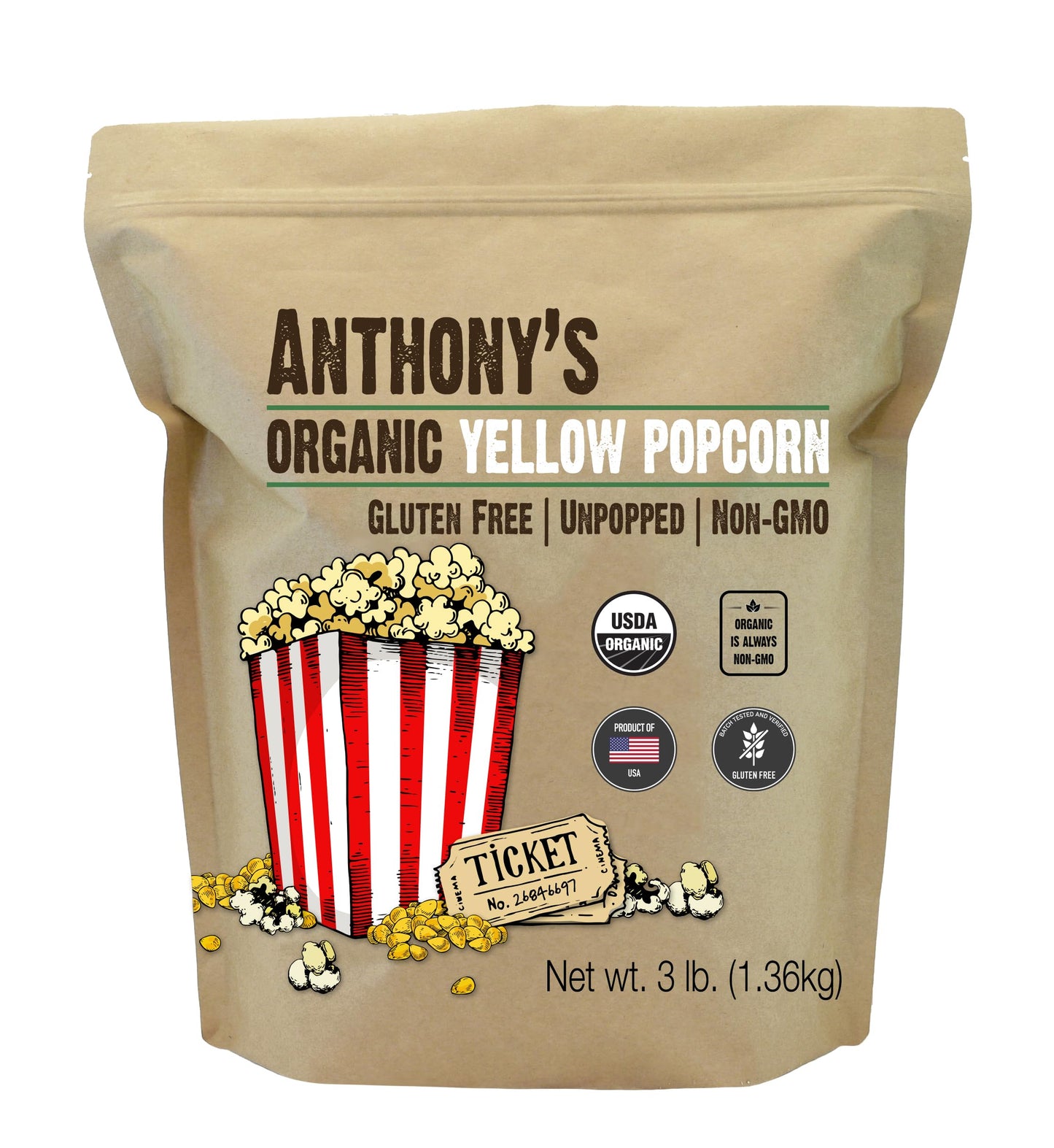 Anthonys Organic Yellow Popcorn Kernels, 3 lb, UnPopped, Gluten Free, Non GMO