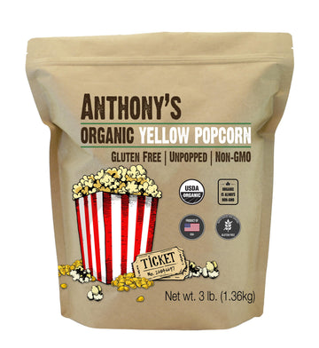 Anthonys Organic Yellow Popcorn Kernels, 3 lb, UnPopped, Gluten Free, Non GMO
