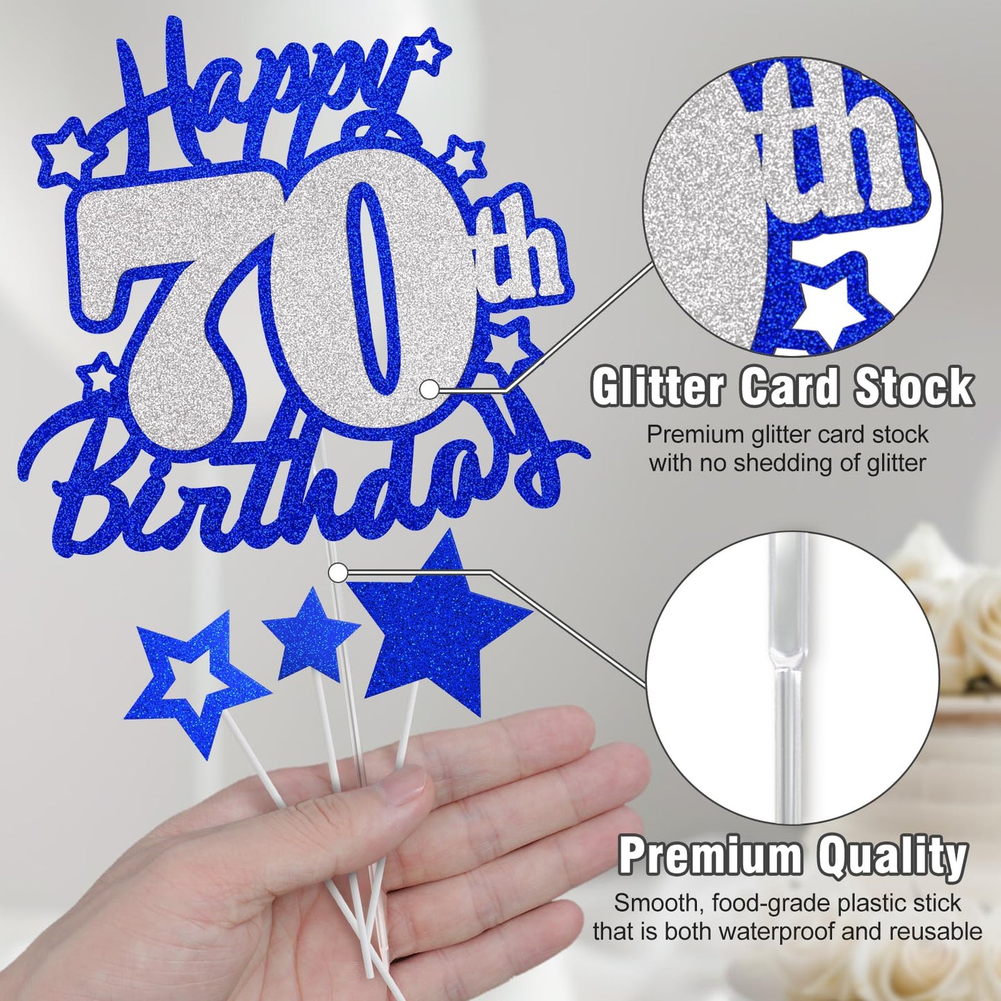 Happy 70Th Birthday Cake Topper, Blue And Silver Glitter Cake Toppers, 70 Year Birthday Party Cake Decoration