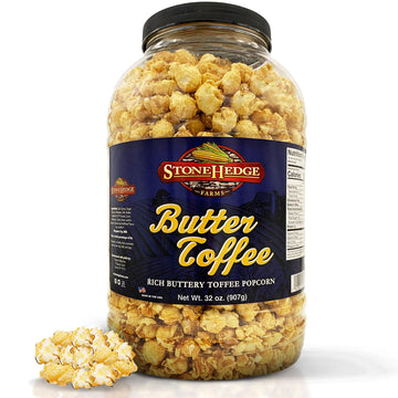 Stonehedge Farms Butter Toffee Flavored Popcorn | 32 oz Large Tub | Perfect for Holidays and Christmas | Bulk Gourmet Popped Swe