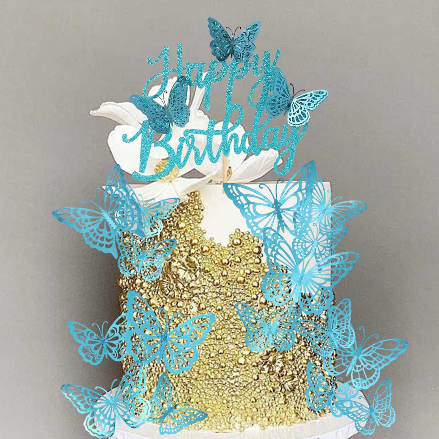 Rssta i Cake Toppers - Happy Birthday with 3D Butterfly - Blue - 1.8x2.4 inches - Paper - Model XM266-blue