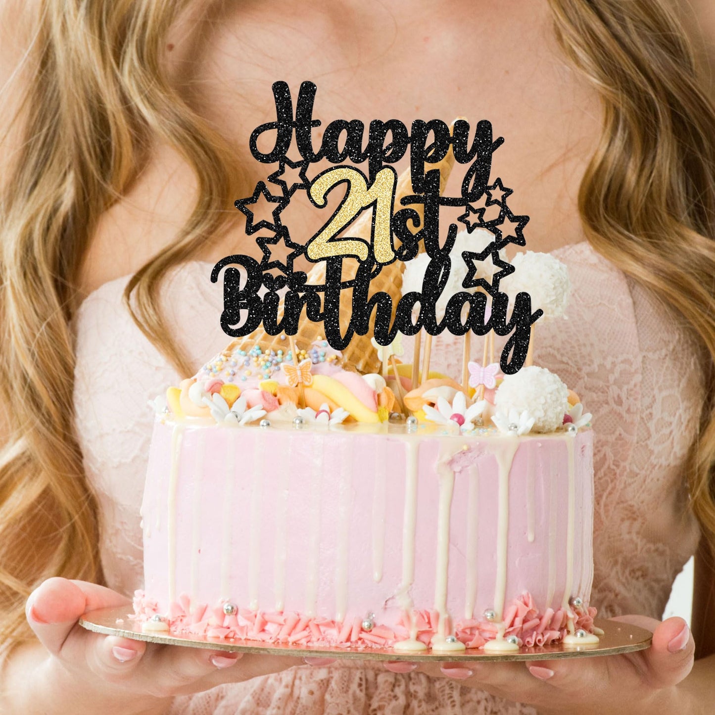 Gyufise 1Pc Happy 21St Birthday Cake Topper Black Gold Glitter Cheers To 21 Years Birthday Cake Pick 21 Fabulous Cake Decoration