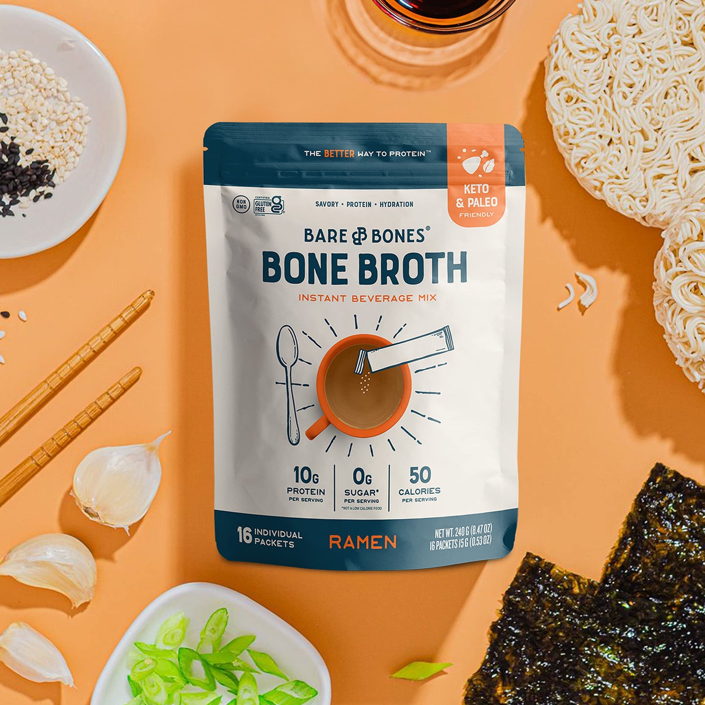 Bare Bones Bone Broth Instant Powdered Beverage Mix, Ramen, Pack Of 16, 15G Sticks, 10G Protein, Keto & Paleo Friendly, Non-Gmo,