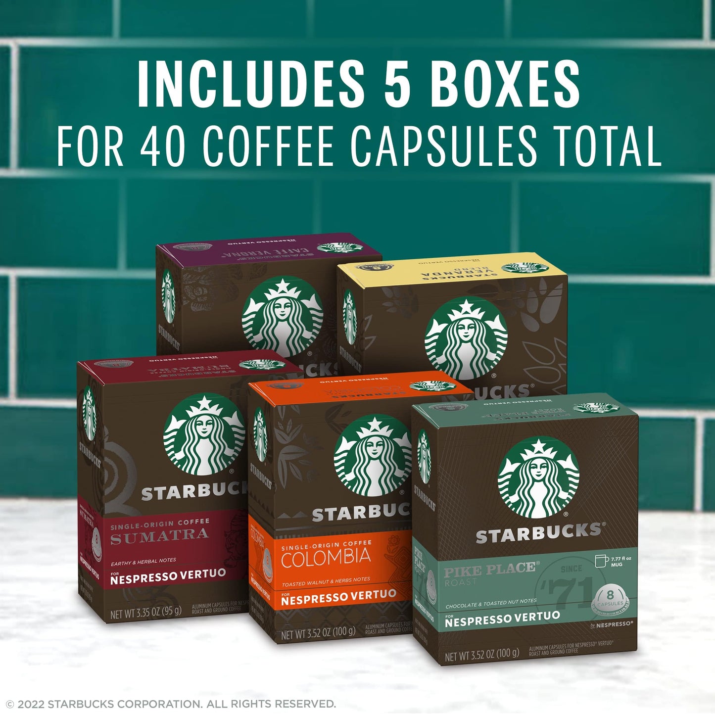 Starbucks Vertuo Coffee Pods Variety Pack, Blonde, Medium, Dark Roast, 40 Count, 8 oz Brews, Pack of 5