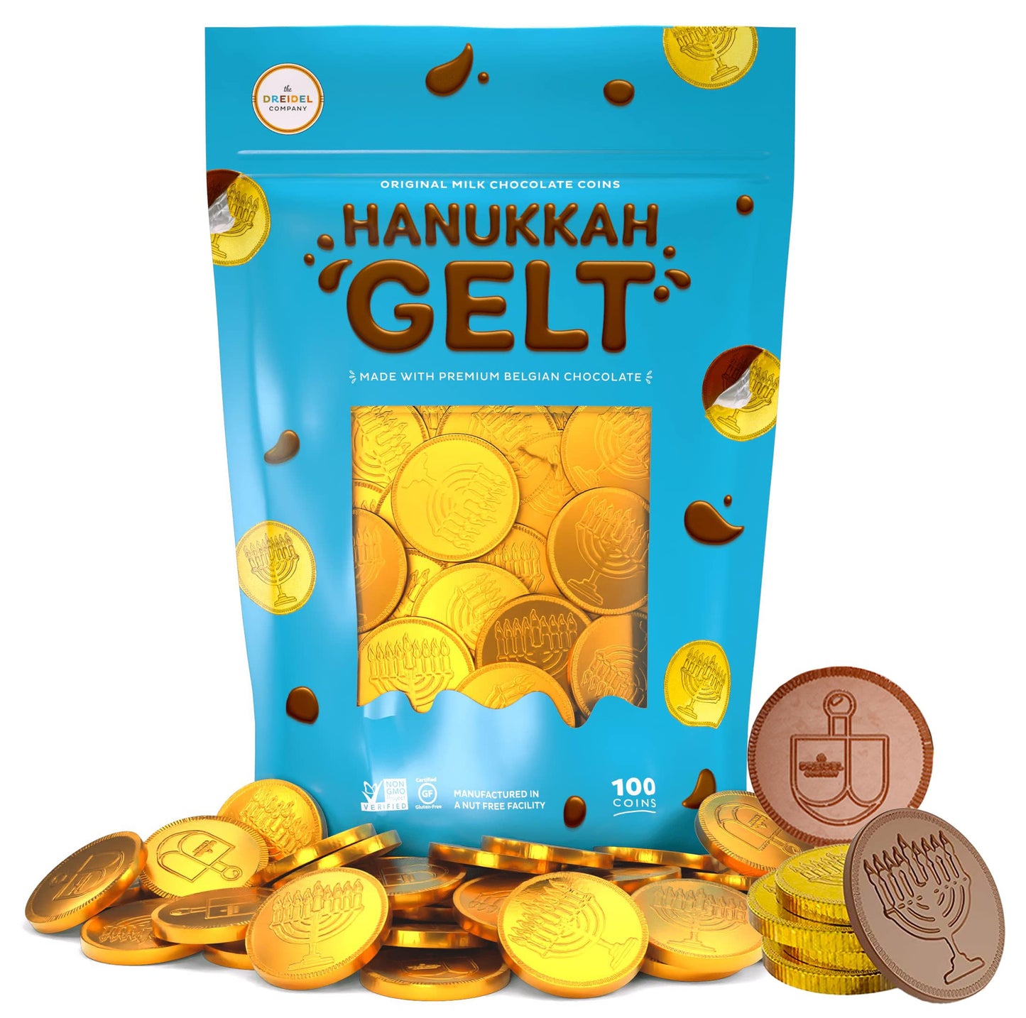 The Dreidel Company Original Milk Chocolate Coins - Gluten Free, Non GMO, Kosher Certified - 100 Coins