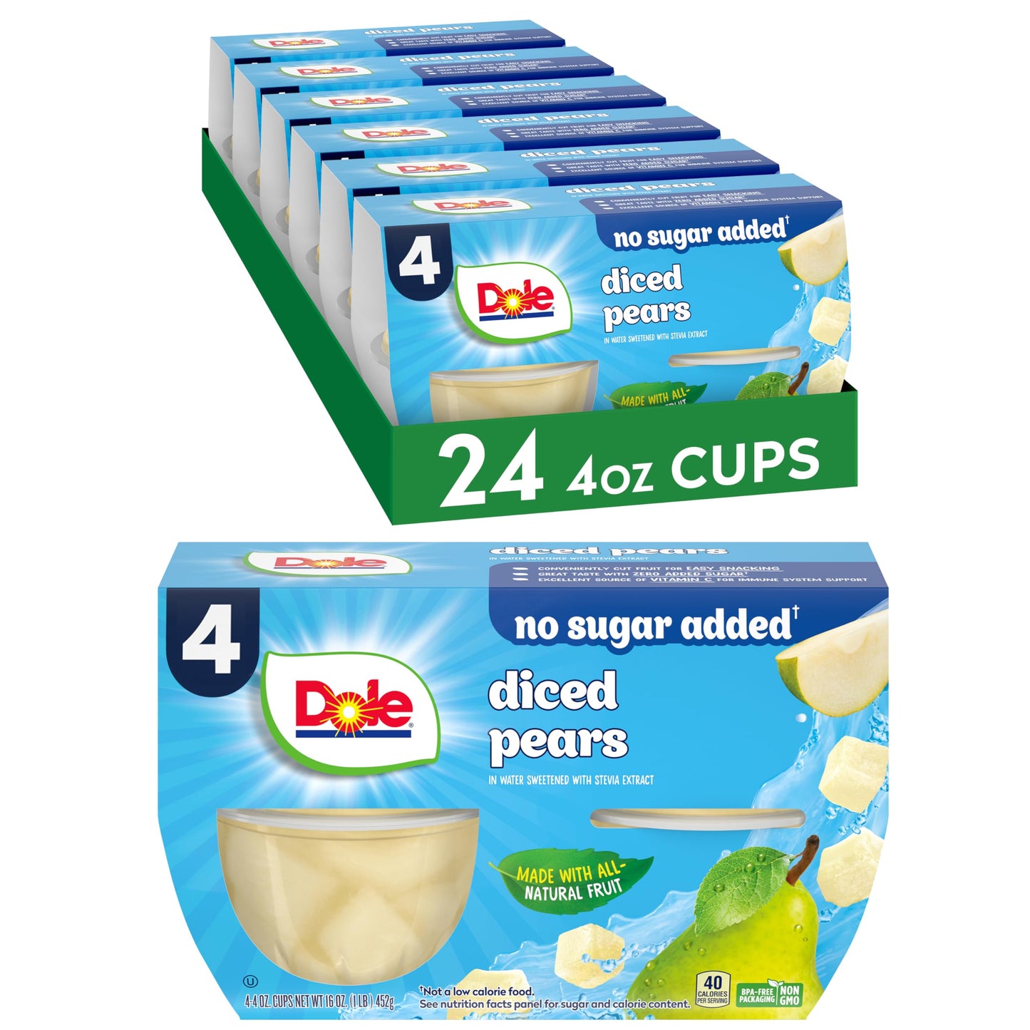 Dole Fruit Bowls No Sugar Added Snacks, Diced Pears 4oz 24 Cups, Gluten & Dairy Free, Bulk Lunch Snacks for Kids & Adults