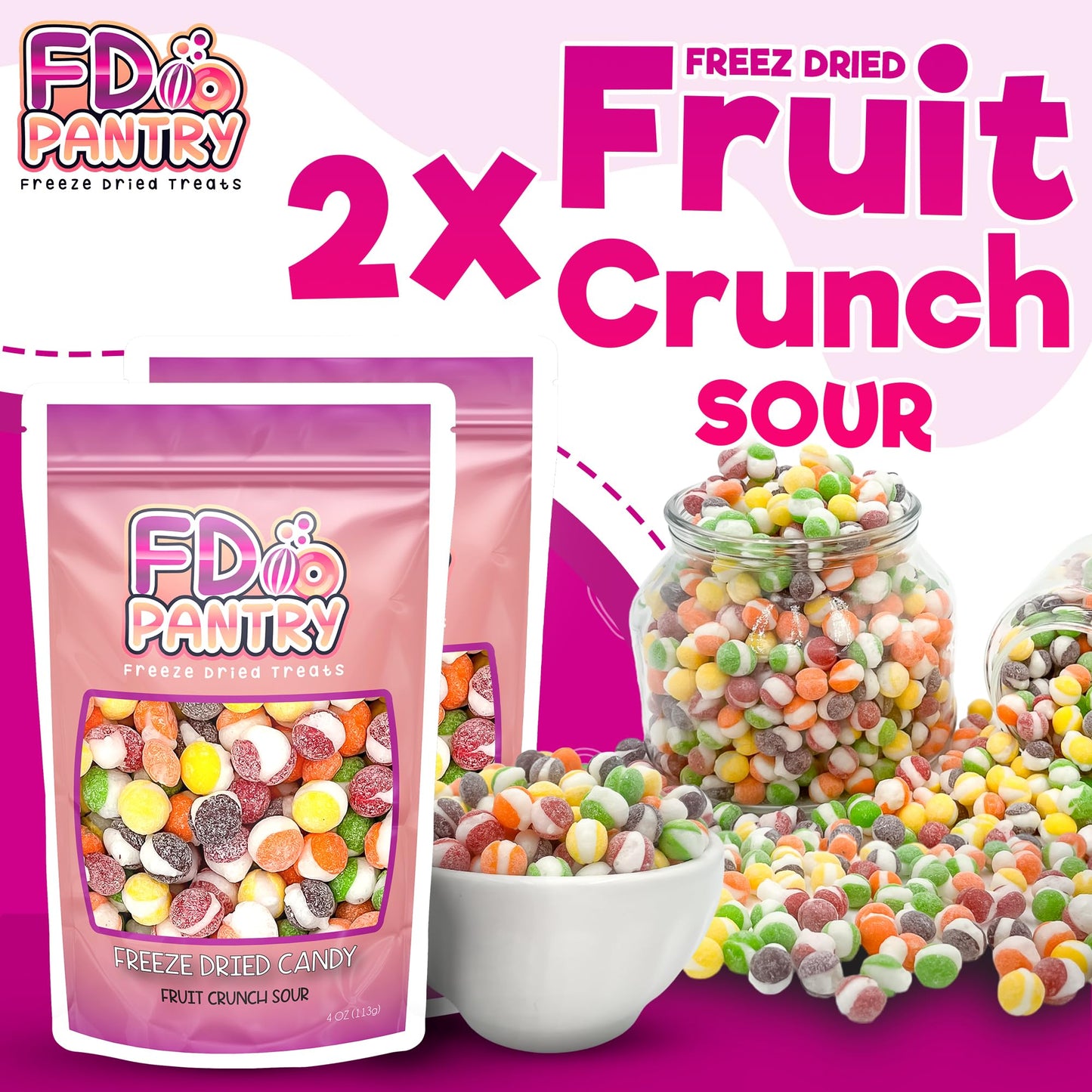 Freeze Dried Candy - Fruit Crunch Sour 4 Oz - 2 Pack - Assortment Strawberry, Orange, Lemon, Grape, Lime Flavors Bag Pouch - Ide