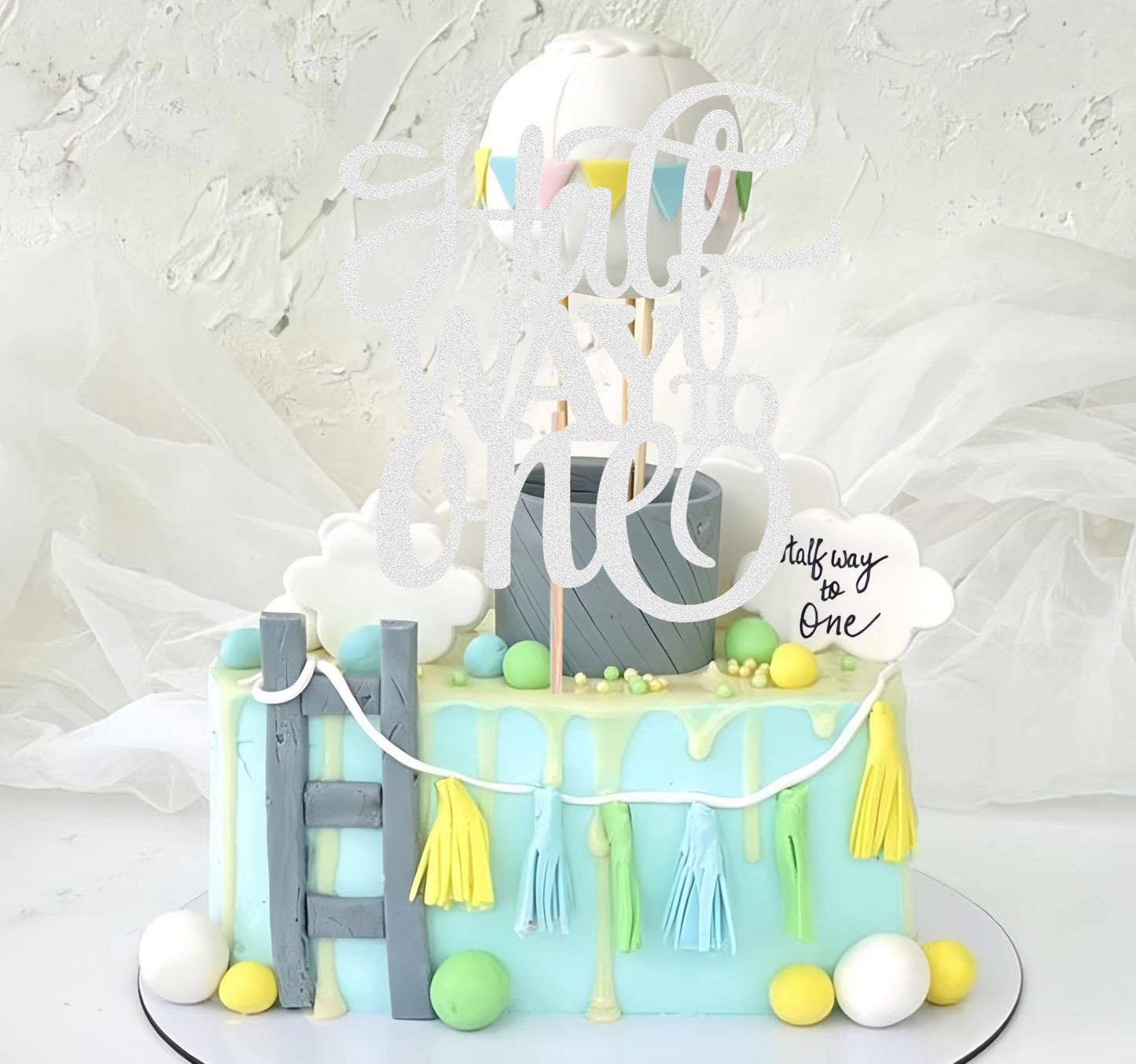 Ahaoray Half Way To One Cake Topper - Silver Glitter 6 Months Birthday Decorations Supplies - Half Birthday Decorations Baby Gir