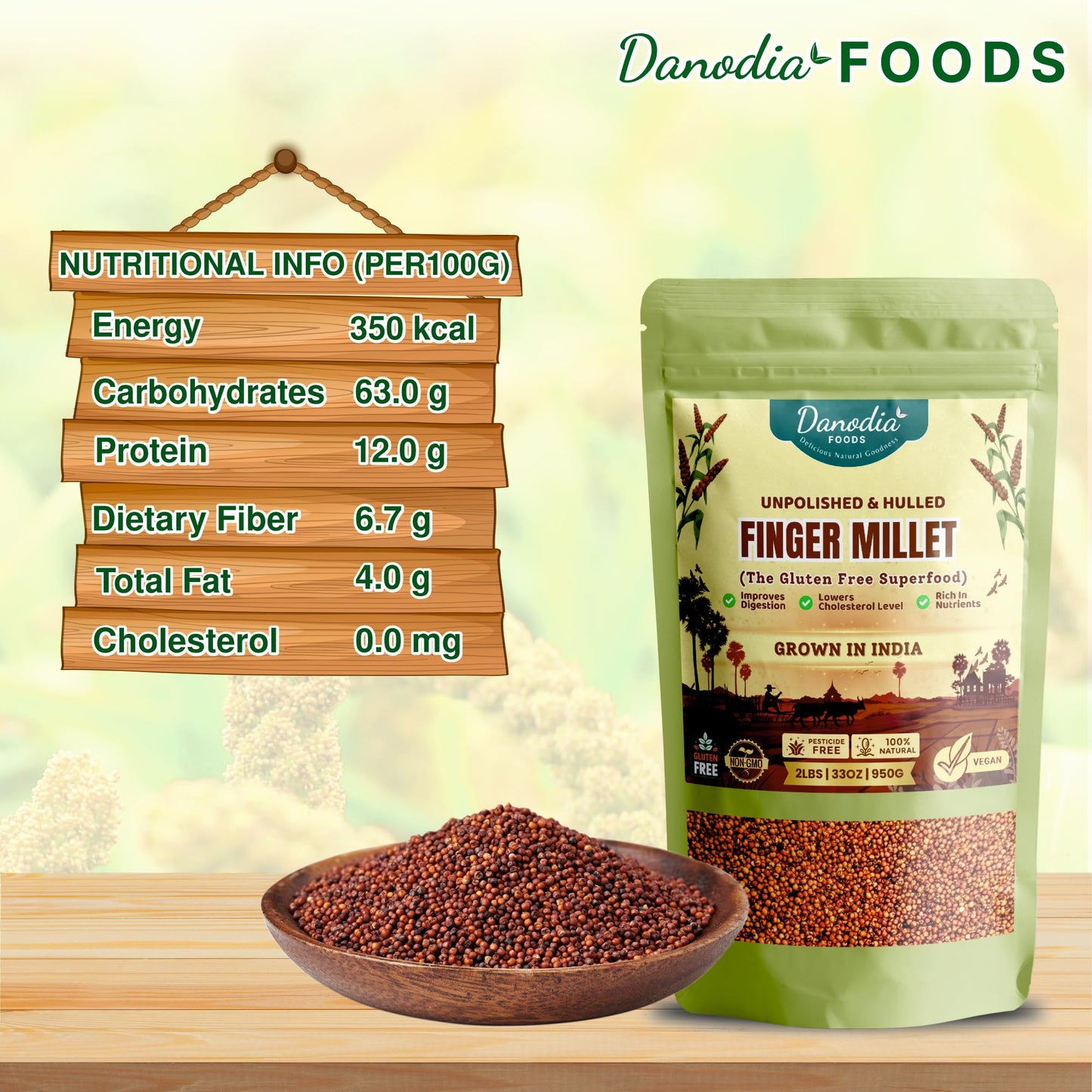 Danodia Foods Whole Grain Finger Millet (Ragi) - 2lbs (950g) | Organic, Hulled, Unpolished, Gluten-Free, Natural Superfood | Hig