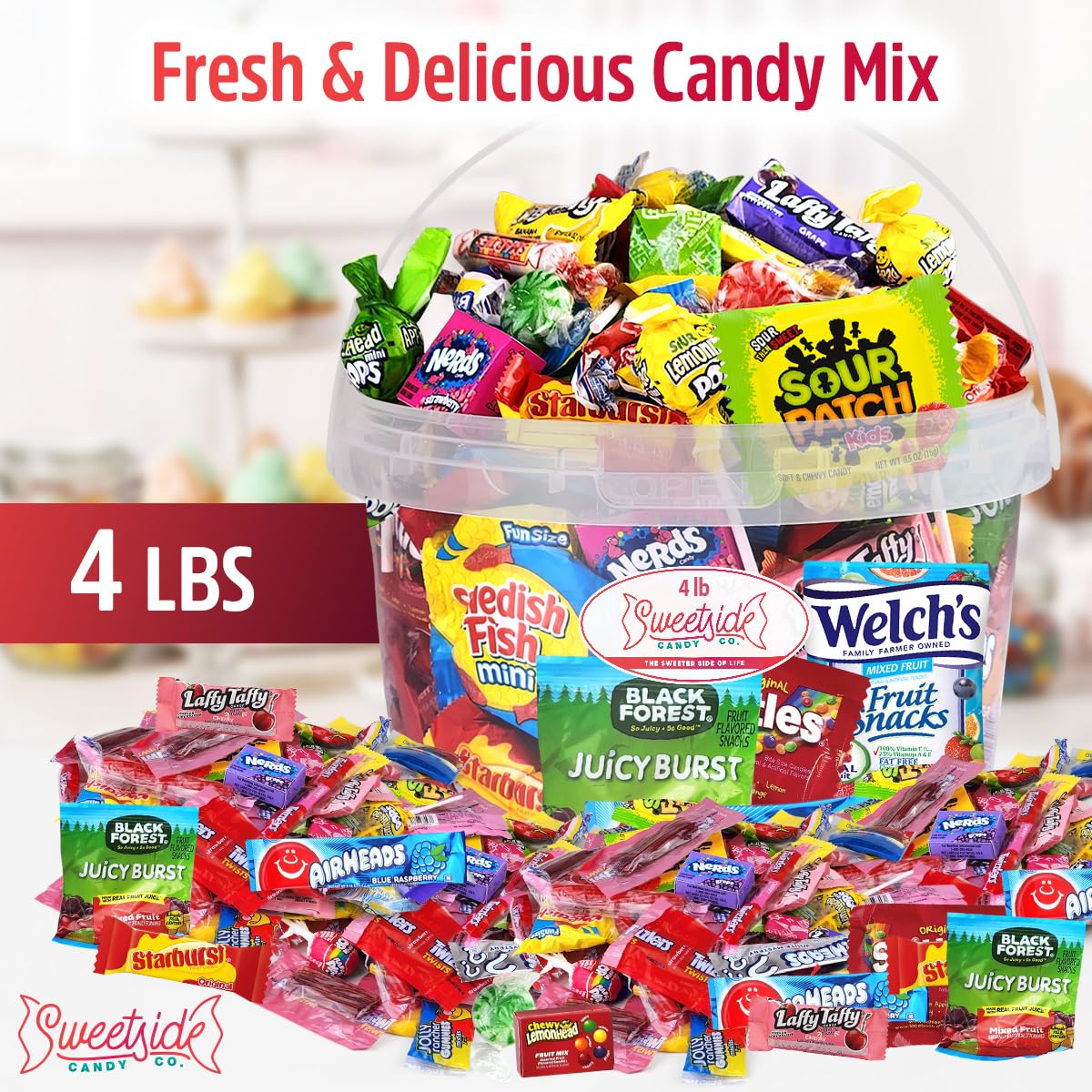 SWEETSIDE CANDY CO. Bulk Candy Variety Pack - 4 Pound Assorted Candy Box for Parties, Kids, College Students & Adults - Gold Gift Basket