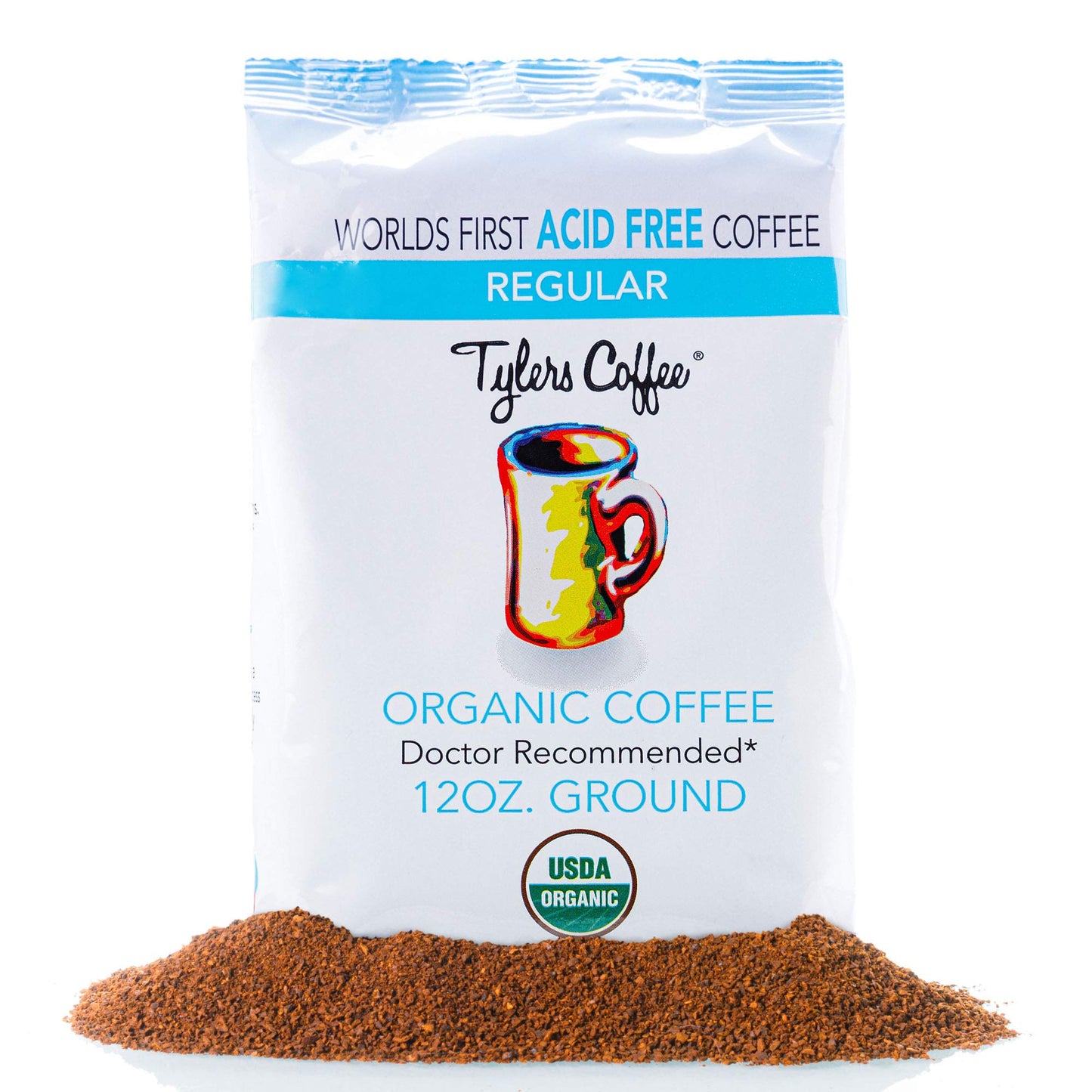 Tylers Acid Free Organic Ground Coffee - 100% Arabica Full Flavor - Whole Bean and Caffeinated - No Bitter Aftertaste - For Acid