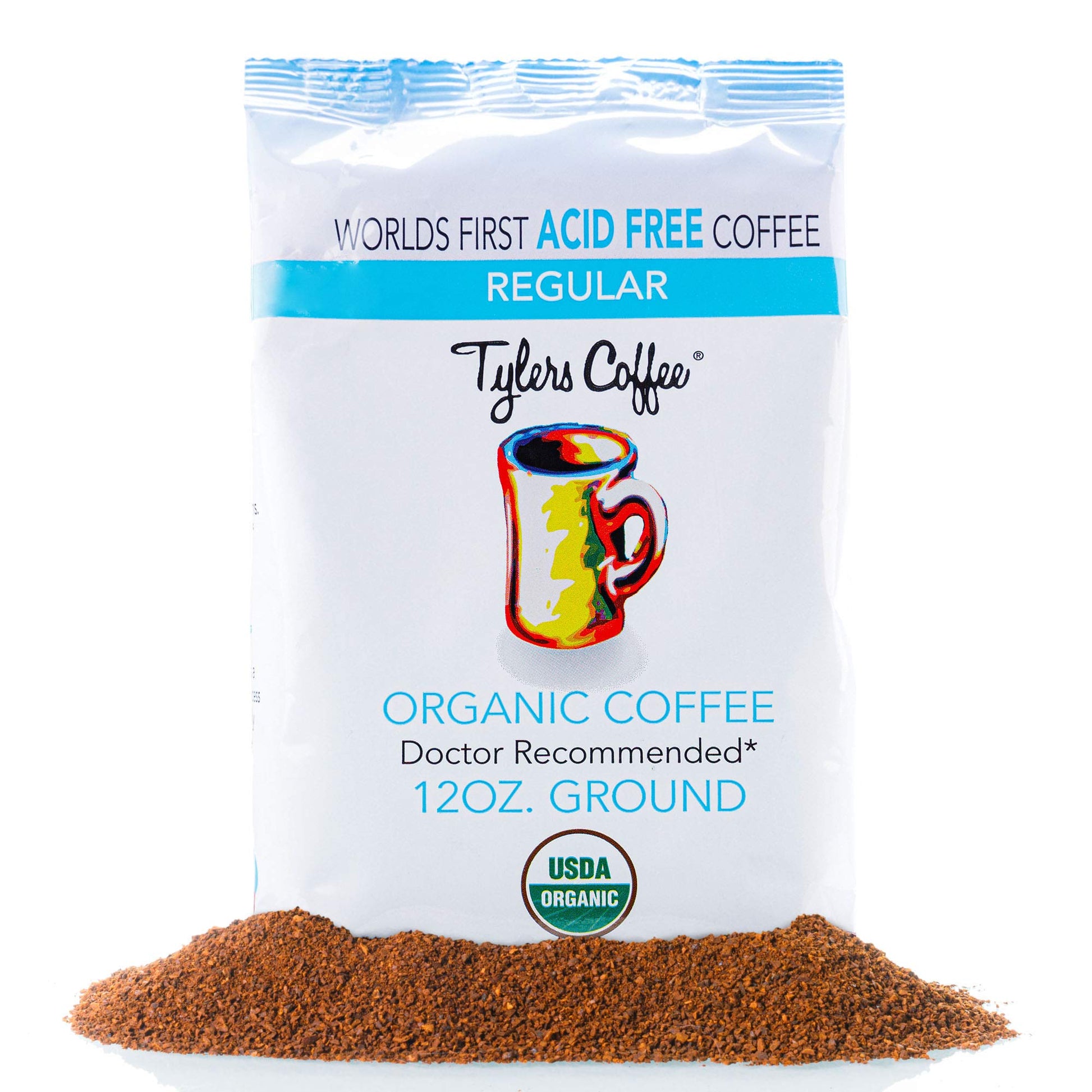 Tylers Acid Free Organic Ground Coffee - 100% Arabica Full Flavor - Whole Bean and Caffeinated - No Bitter Aftertaste - For Acid