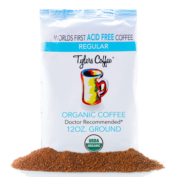 Tylers Acid Free Organic Ground Coffee - 100% Arabica Full Flavor - Whole Bean and Caffeinated - No Bitter Aftertaste - For Acid