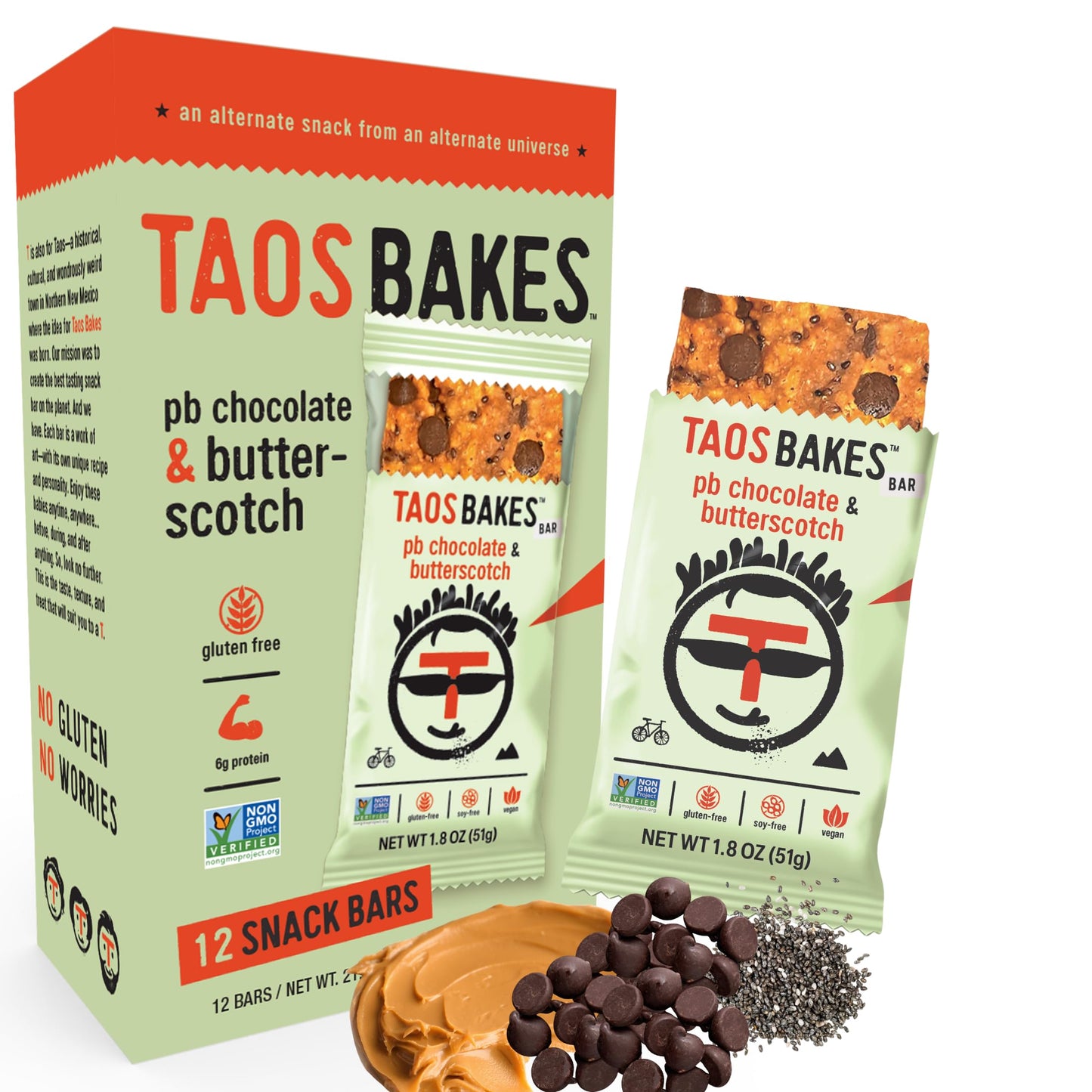 Taos Bakes - Peanut Butter Chocolate + Butterscotch - Snack Bars - 6G Protein, Gluten Free, Plant Based, & Vegan Granola Bars - Filled W/Flax Seeds, Chia Seeds, & Peanut Butter - 12 Pack, 1.8Oz Ea