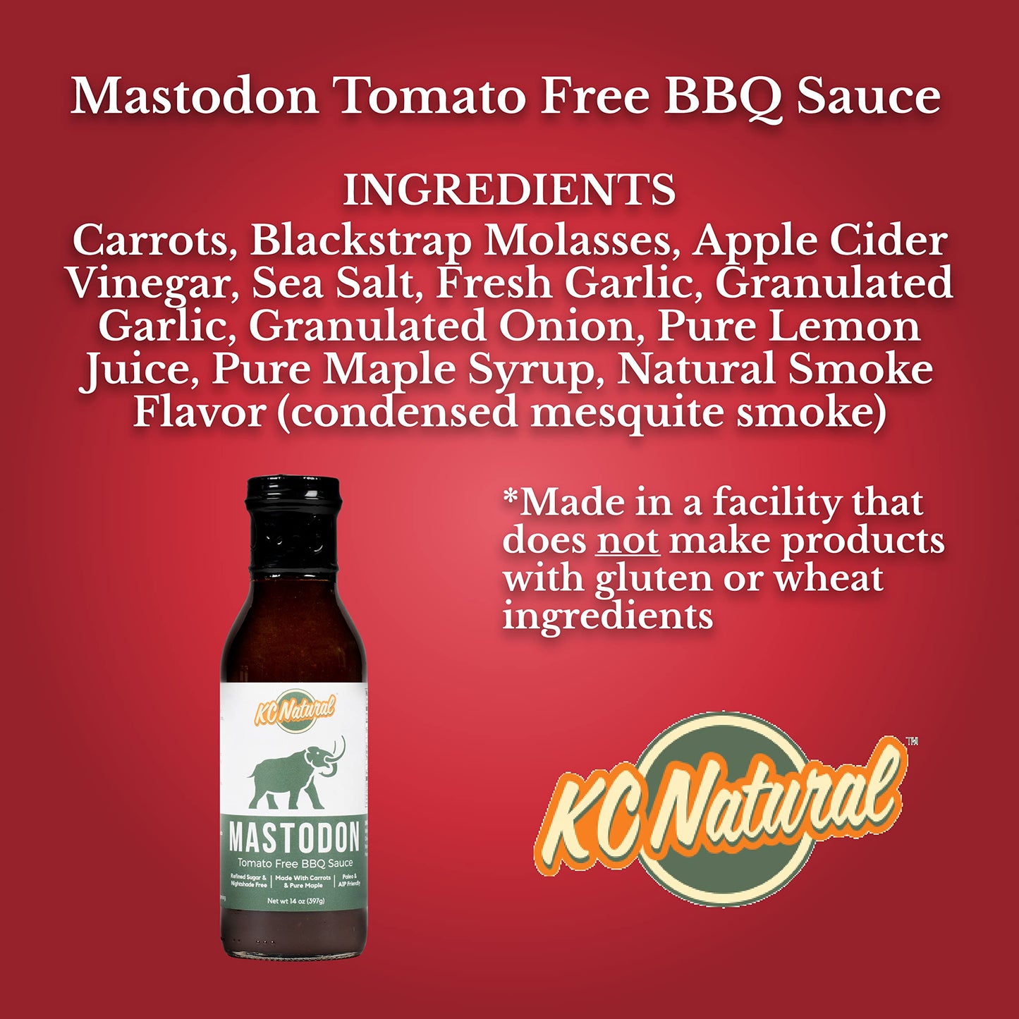 KC Natural Mastodon Paleo AIP BBQ Sauce, 14oz - Gluten-Free, All-Natural Ingredients, Perfect for BBQ Lovers