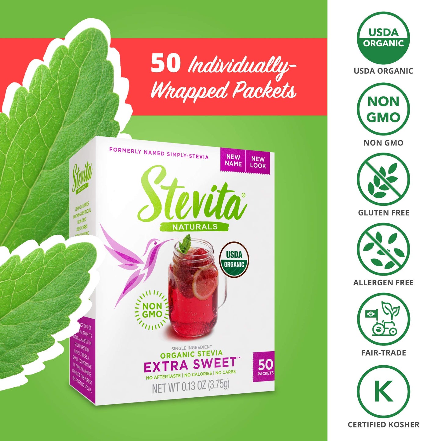 Stevita Organic Stevia Extra Sweet - 50 Packets - All-Natural, No Calorie Sweetener - Usda Organic, Non-Gmo, Vegan, Kosher, Keto