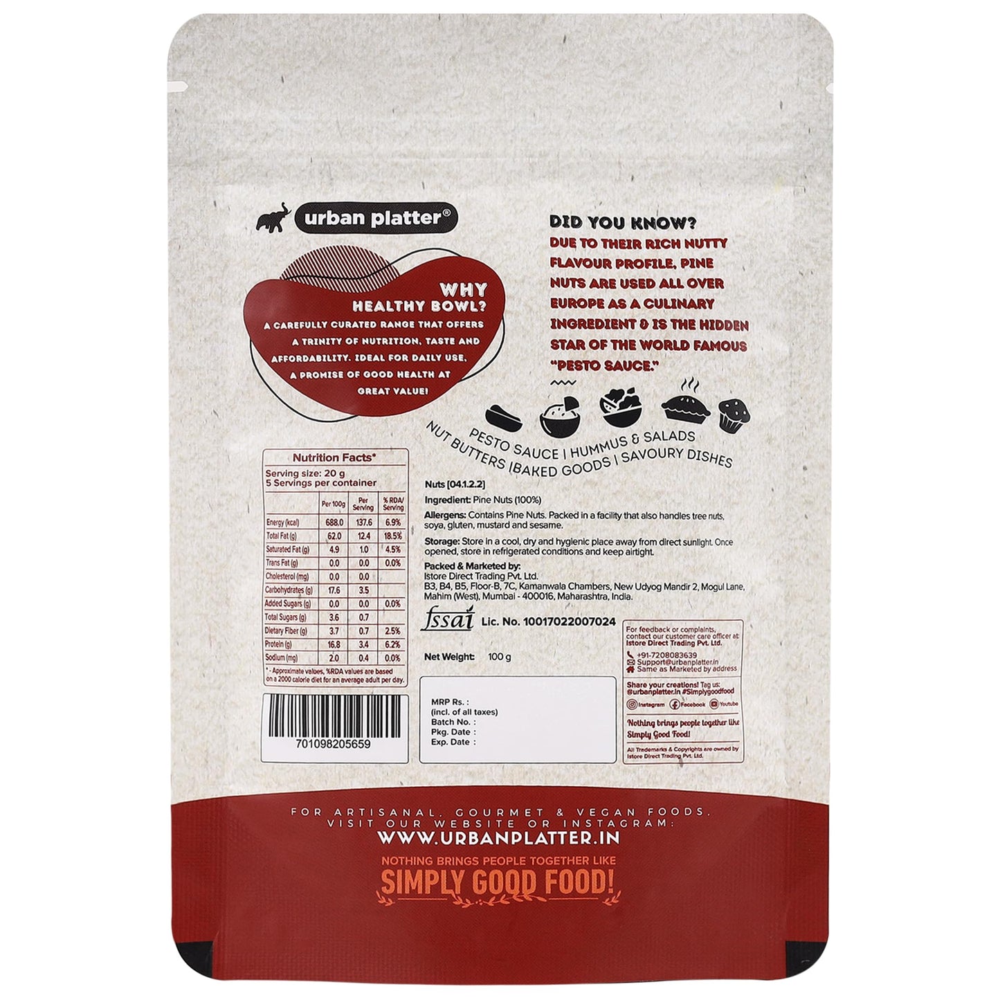 Urban Platter Lebanon Pine Nuts (Chilgoza), 100G