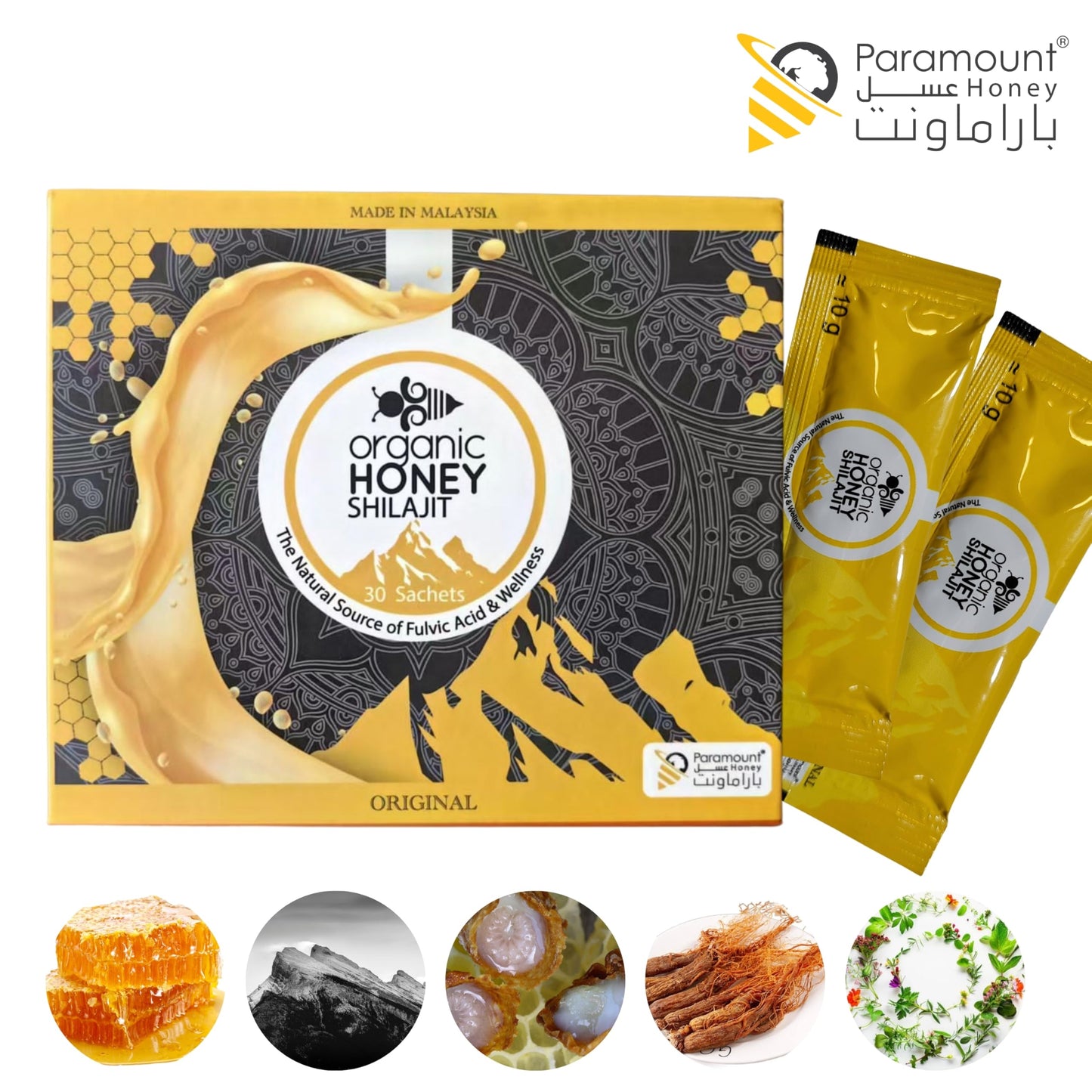 Paramount Organic Honey with Shilajit - Pure & Natural Jelly, Honey Bee Pollen (Large Pack of 30 Sachets 10Gram Each)