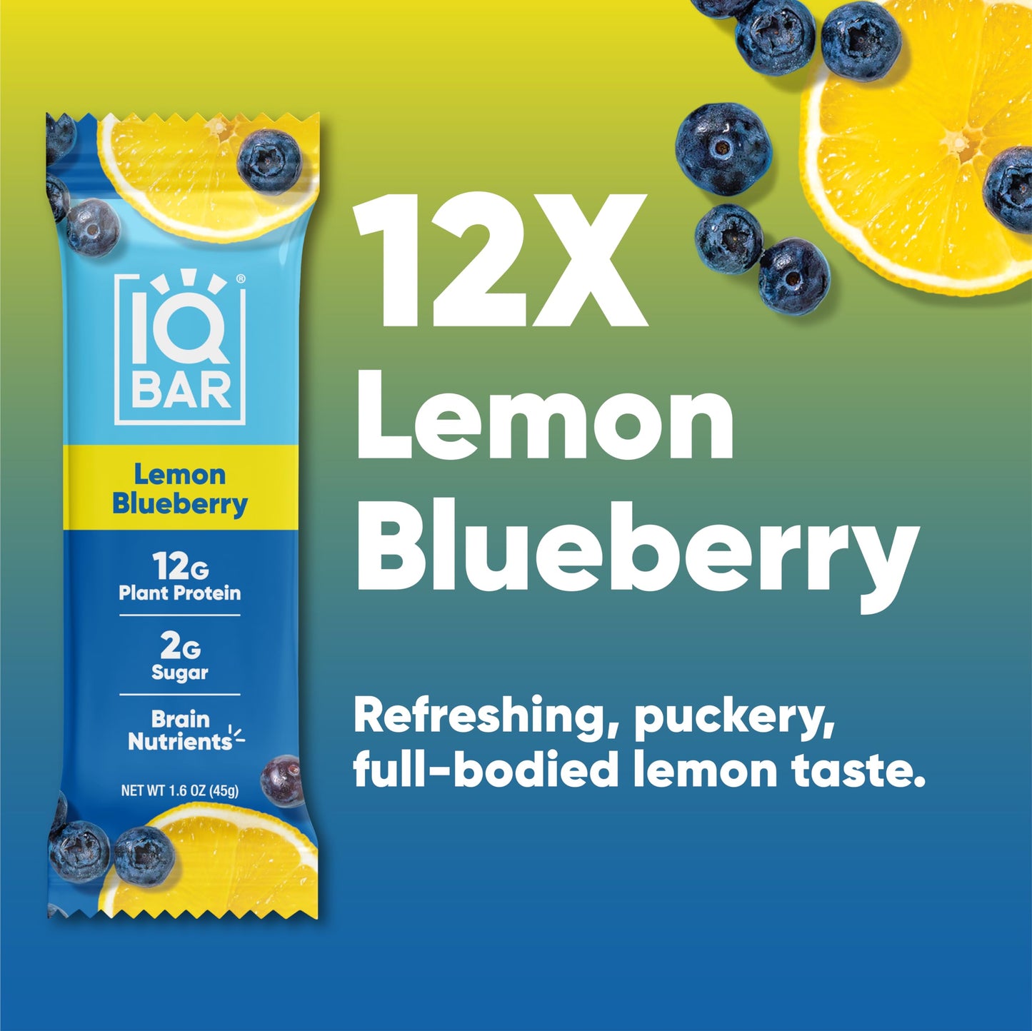IQBAR Brain and Body Plant Protein Bars - Lemon Blueberry - 12-Count Low Carb - Gluten Free, High Fiber, Vegan Snacks - Low Suga