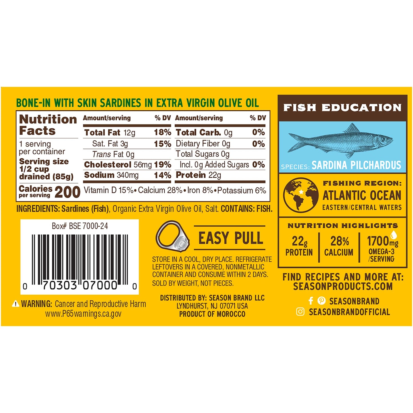 Season Sardines in Extra Virgin Olive Oil - Wild Caught, 22g of Protein, Keto Snacks, More Omega 3 s Than Tuna, Kosher, High in