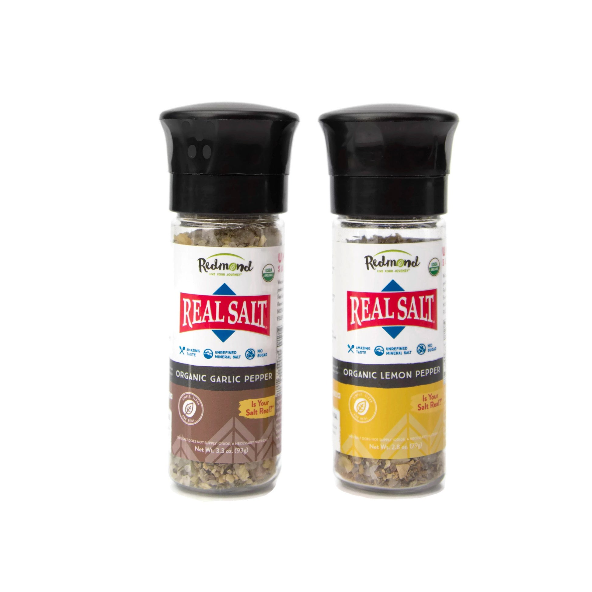 Redmond Real Sea Salt - Natural Unrefined Organic Gluten Free, Coarse Salt with Coarse Grinder (Lemon Pepper & Garlic Pepper)