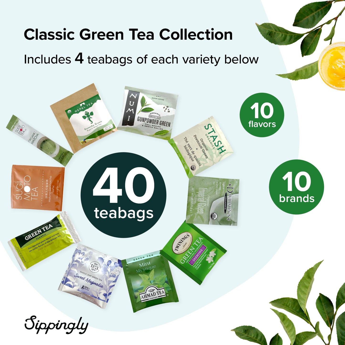 Sippingly Green Tea Sampler - 40 Assorted Bags, 10 Flavors from Japan, Nepal, China & India, Gluten-Free, Kosher, 50 Piece Set