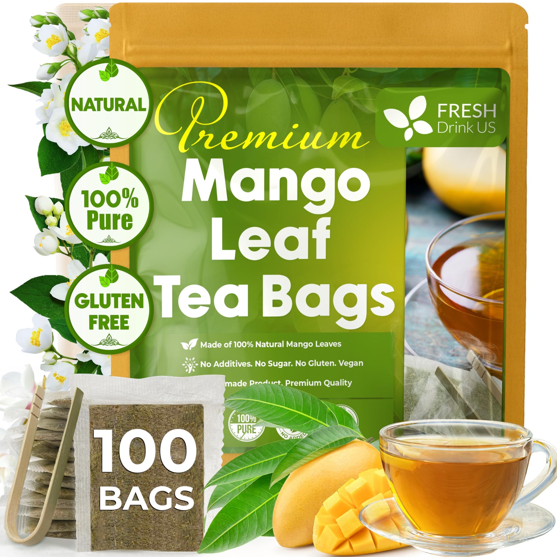 Freshdrinkus, Enhanced 100 Mango Leaf Tea Bags, 100% Natural & Pure From Mango Leaves. Loose Leaf Herbal Tea. No Sugar, No Caffeine, No Gluten, Vegan.