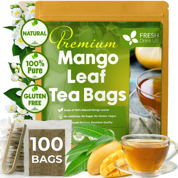 Freshdrinkus, Enhanced 100 Mango Leaf Tea Bags, 100% Natural & Pure From Mango Leaves. Loose Leaf Herbal Tea. No Sugar, No Caffeine, No Gluten, Vegan.