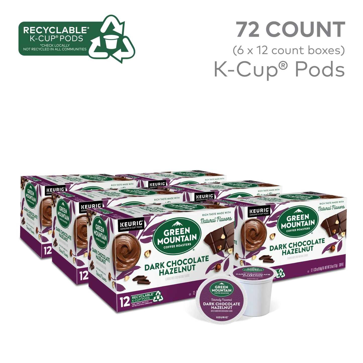 Green Mountain Coffee Roasters Dark Chocolate Hazelnut Coffee, Keurig Single Serve K-Cup Pods, 72 Count (6 Packs of 12)