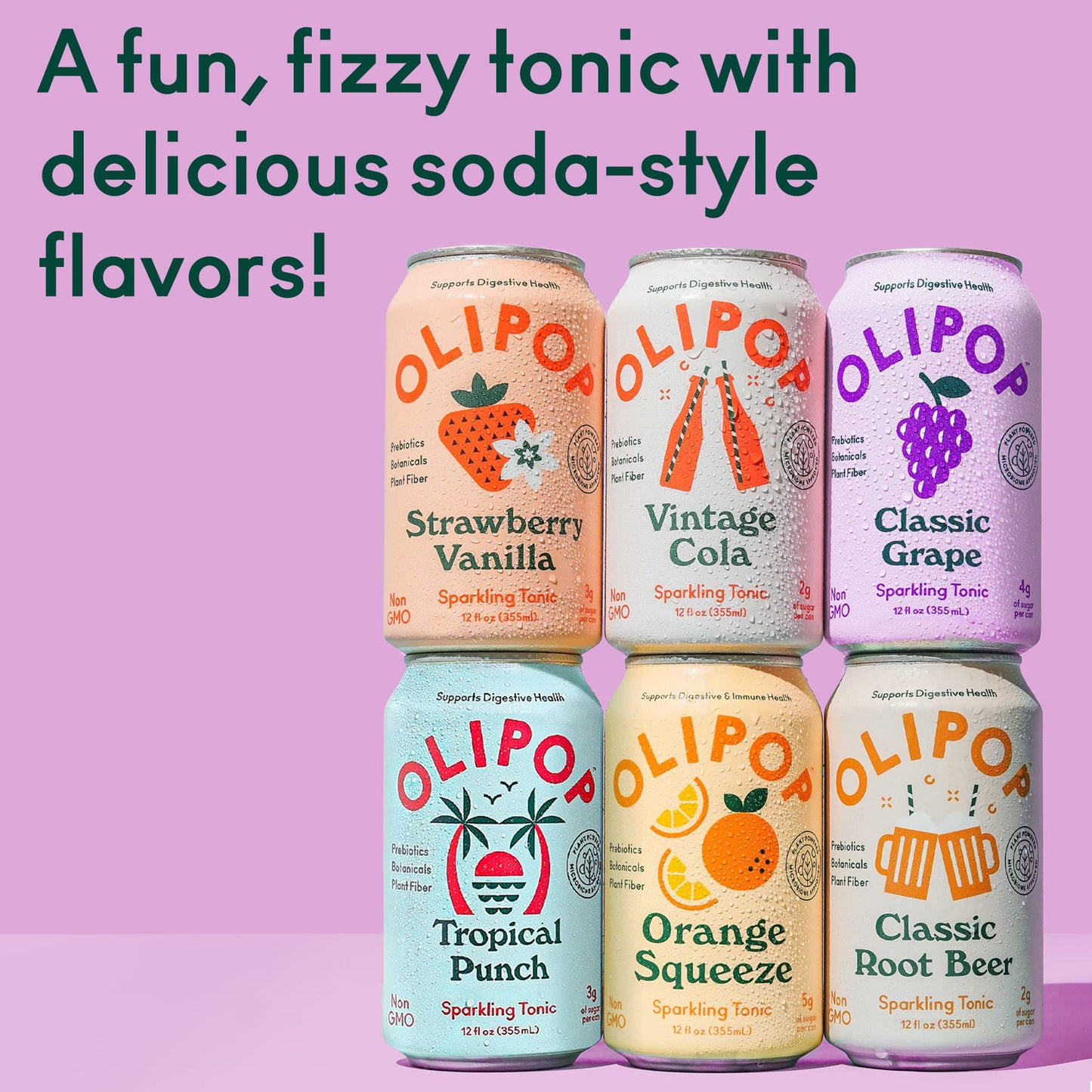 OLIPOP Sparkling Tonic Variety Pack, Prebiotic Soda Sampler, Vegan, Non-GMO, 12 Fl Oz, Pack of 12