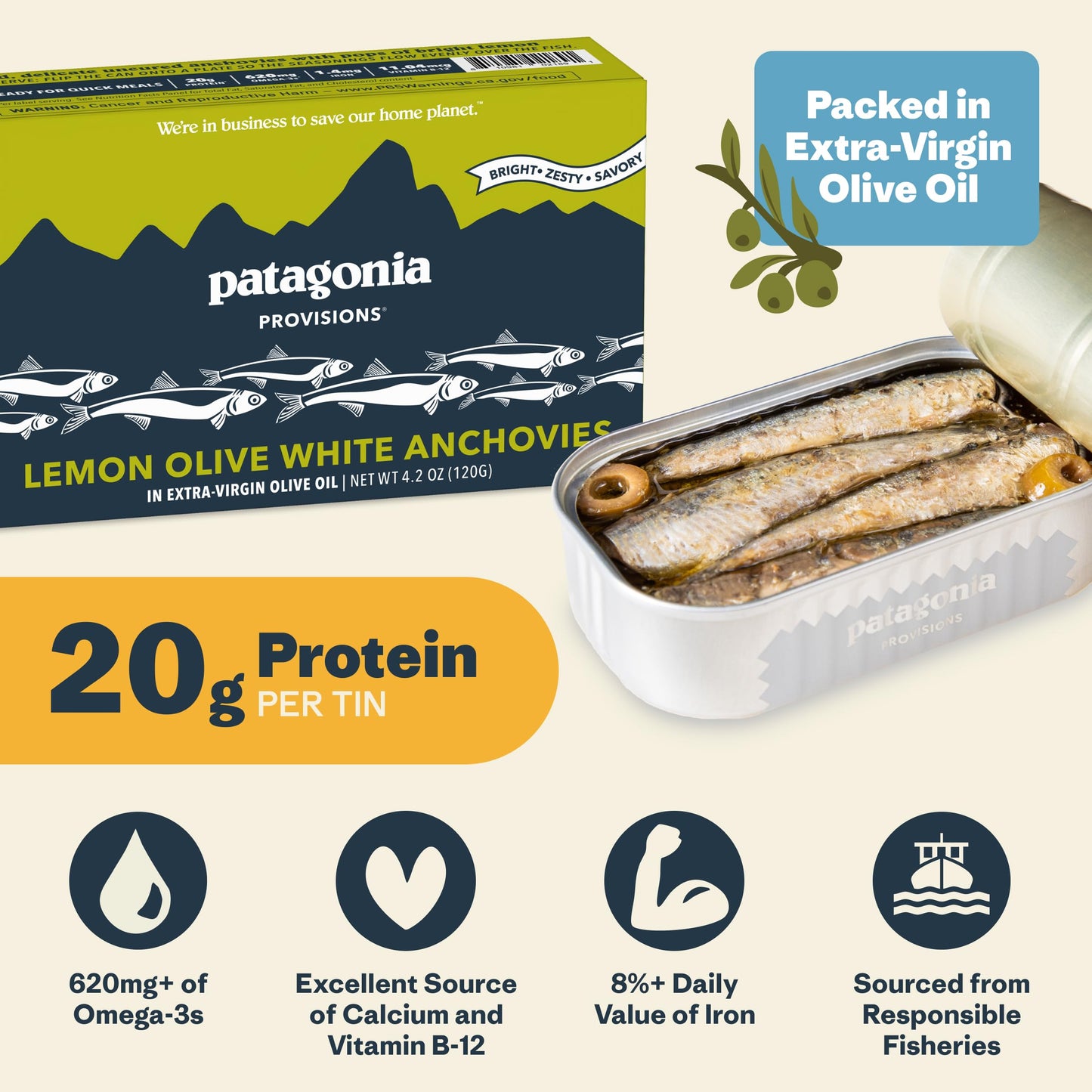 Patagonia Provisions Lemon Olive Spanish White Anchovies 4.2 Oz