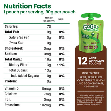Gogo Squeez Fruit On The Go, Apple Cinnamon, 3.2 Oz (Pack Of 12), Unsweetened Fruit Snacks For Kids, Gluten Free, Nut Free And D