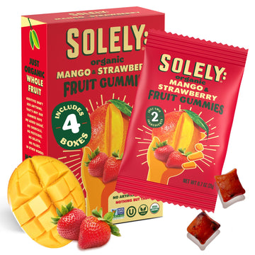 SOLELY - Organic Mango & Strawberry Whole Fruit Gummies (Pack of 4, 5 Bags per Box) - Real Fresh Fruit - Healthy Snacks for Adul