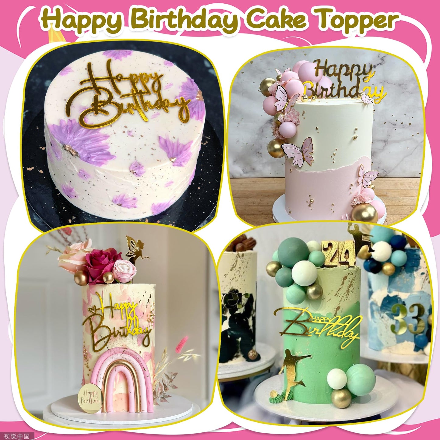 10 Pcs Gold Happy Birthday Cake Toppers Mirror Acrylic Cake Topper Side Cake Decorations Gold Cake Inserts Cake Decorating Suppl