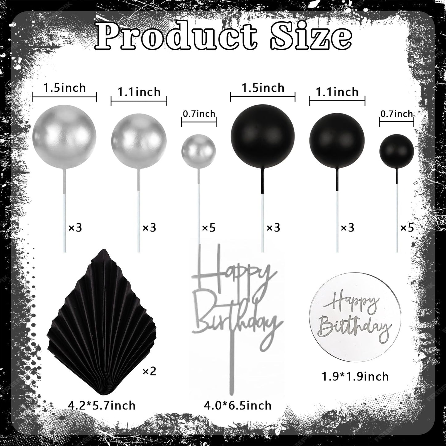 Memovan 26Pcs Man Birthday Cake Topper Black Boho Cake Topper Black Silver Balls Palm Leaves Cake Decorations For Man Boy Bohemi