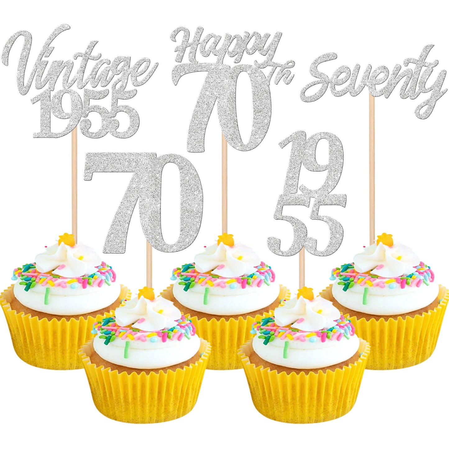 30PCS Happy 70th Birthday Cupcake Toppers Cheers to 70 Vintage 1955 Cupcake Picks Hello 70 Seventy 70th Birthday Decorations for