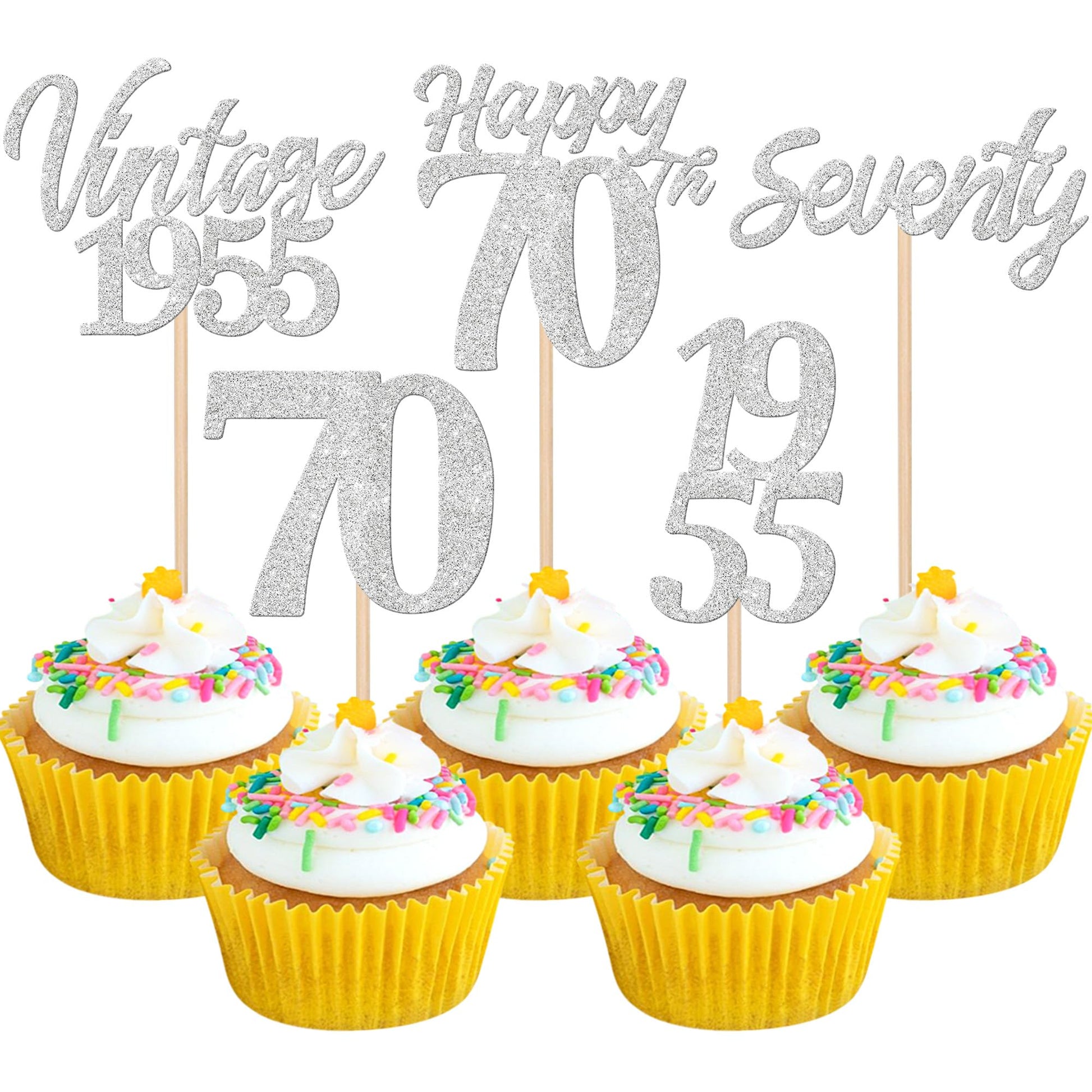30PCS Happy 70th Birthday Cupcake Toppers Cheers to 70 Vintage 1955 Cupcake Picks Hello 70 Seventy 70th Birthday Decorations for